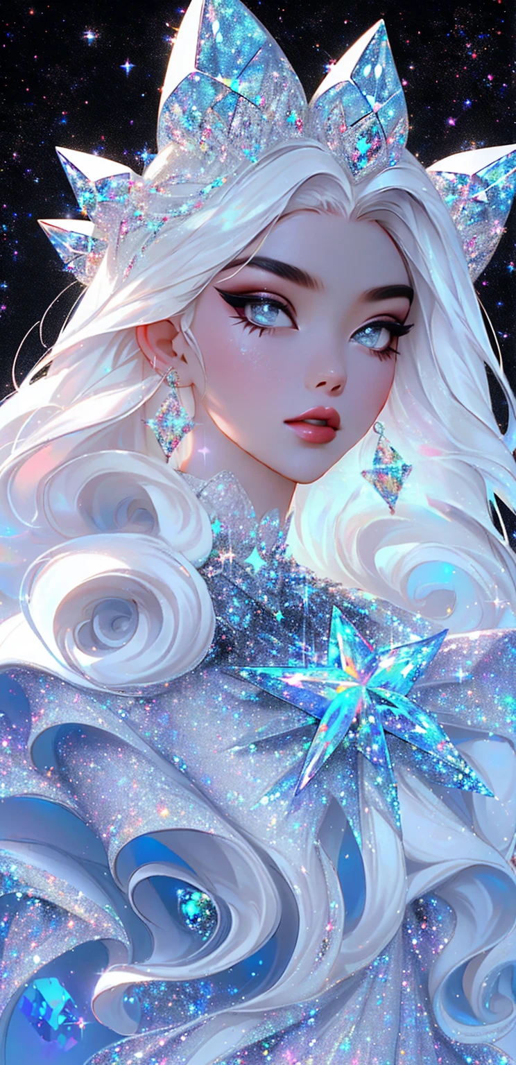 {-erro_de_anatomia:1.0} masterpiece, highest quality, (perfect face:1.1, (high detail)1.1, sweet stardust vampire , long soft white hair, opal eyes, perfectly drawn face, black dress, stars detailed background, prismatic lighting, glitter, whole body,   walking on the stars with crystal shoes.