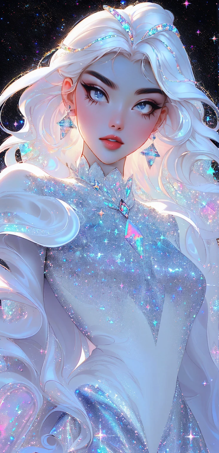 {-erro_de_anatomia:1.0} masterpiece, highest quality, (perfect face:1.1, (high detail)1.1, sweet stardust vampire , long soft white hair, opal eyes, perfectly drawn face, black dress, stars detailed background, prismatic lighting, glitter, whole body, walking on the stars with crystal shoes.