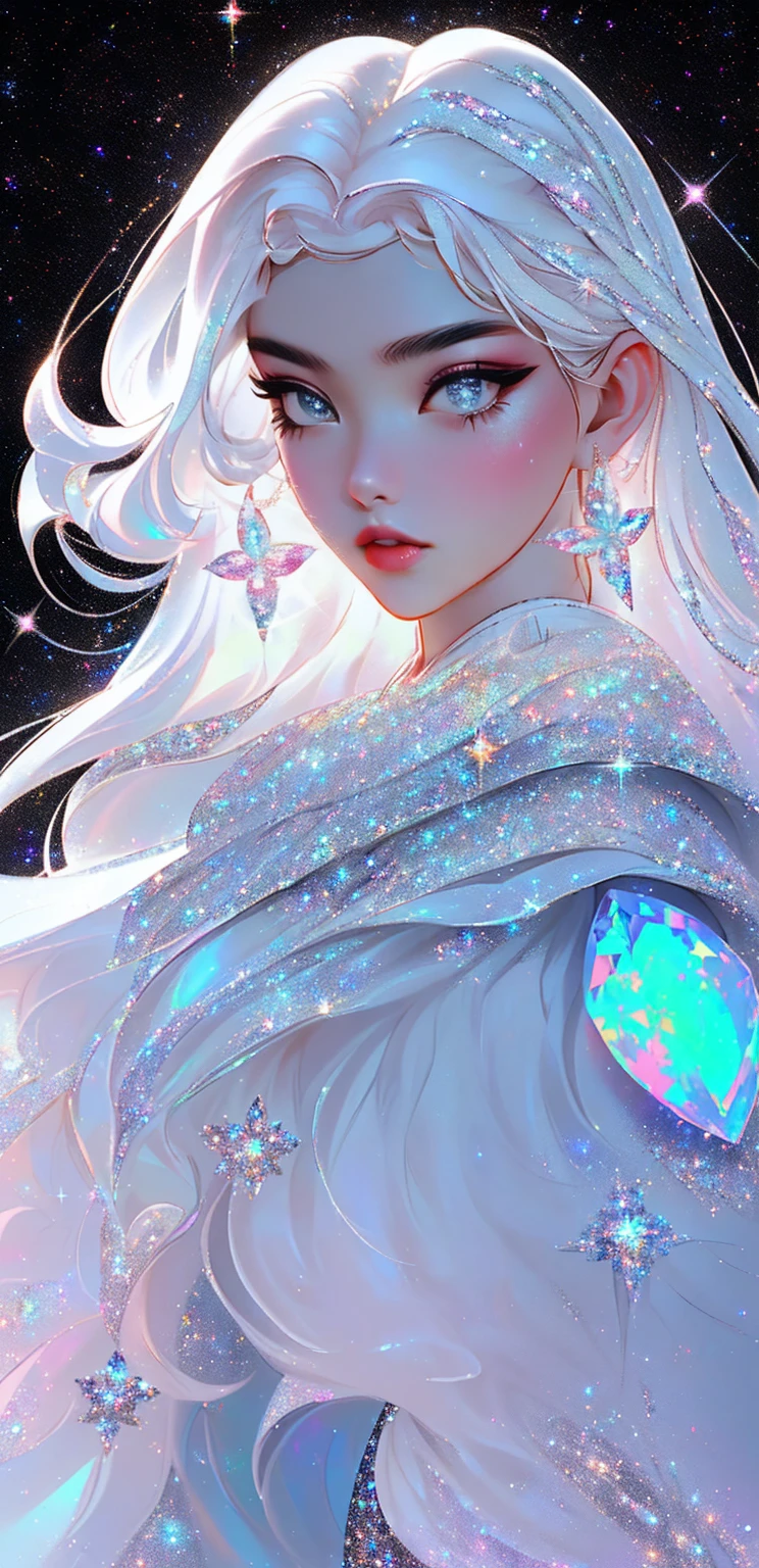 {-erro_de_anatomia:1.0} masterpiece, highest quality, (perfect face:1.1, (high detail)1.1, sweet stardust vampire , long soft white hair, opal eyes, perfectly drawn face, black dress, stars detailed background, prismatic lighting, glitter, whole body, walking on the stars with crystal shoes.