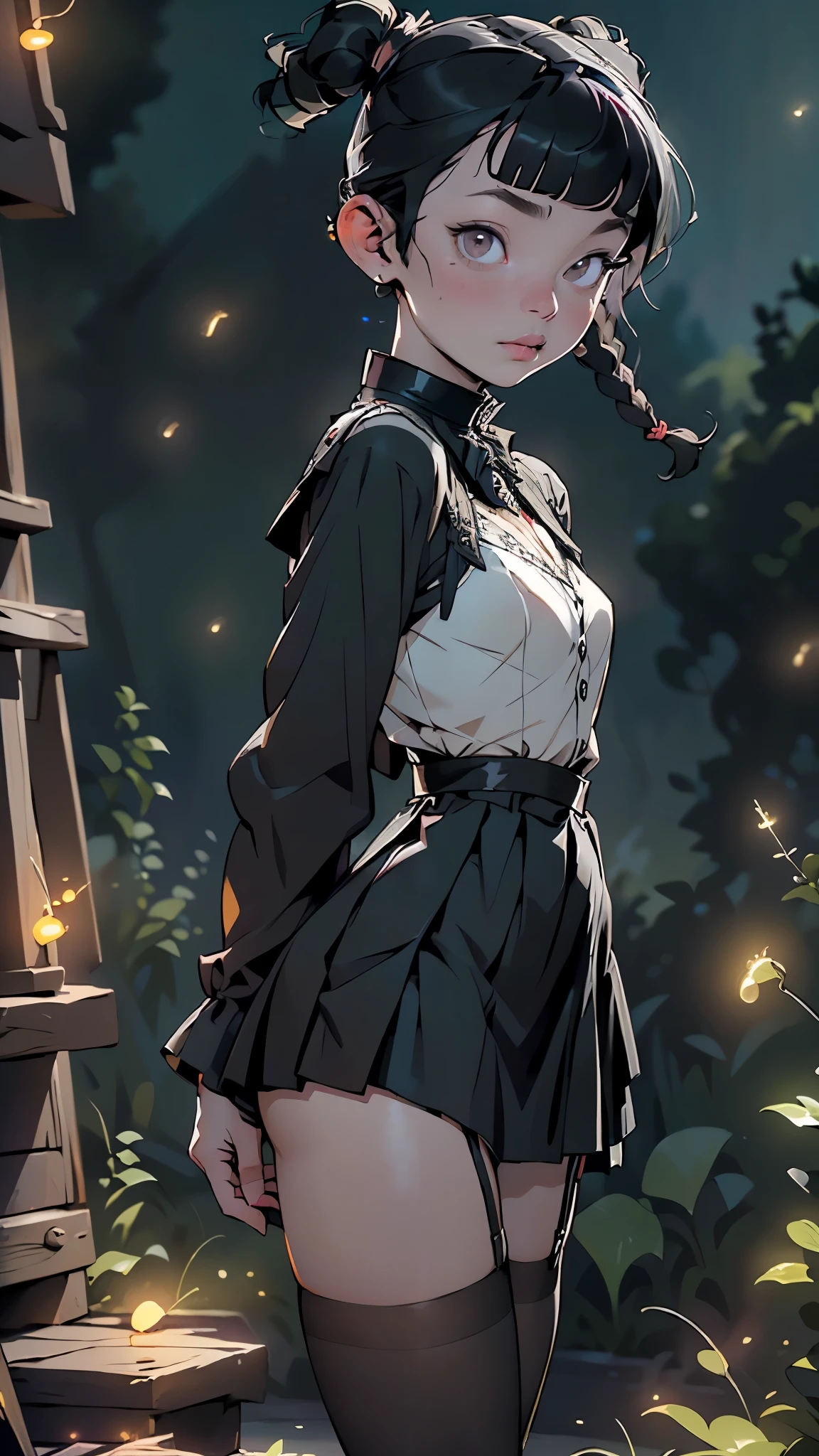 (((Jenna Ortega as Wednesday Addams))),goth girl,1girl,gothic punk,cute goth girl, 17-year-old goth girl,ominous girl, dreamy gothic girl,

(small breasts:1.4),((braids,black pigtails,short hair in loose braids tied with black bows,blunt bangs,twin braids,twintails,black hair)),(((black_eyes:1.3))),intricate eyes,beautiful detailed eyes,symmetrical eyes,((((pale skin,lustrous skin:1.5,tanned skin,bright skin: 1.5,skin tanned,shiny skin,very shiny skin,shiny body,Reflective skin)))),(spider lower abdomen,narrow waist,wide hip,athletic body,inflated legs,thick thighs,delicate detailed fingers,(detailed face)),beautiful detailed lips,

cute,slutty,sensual,seductive look,seductive,((erotic)),kinky, sexy,,((nsfw)),

((black dress,school girl in gothic dress,gothic girl dressed in black,tiny black dress-too,long sleeves,open clothes,black dress)),(black necktie,necktie),((black skirt,pleated skirt,skirt,micro skirt)),(collared shirt,shirt,white shirt),((striped clothes,striped jacket)),((black bra)),((black garter straps,black panties,black thighhighs,bra,garter straps,lace trim,panties,pantyshot,see-through 
see-through dress,thighhighs,underwear)),

(dynamic pose:1.3), looking at viewer,serius,(centered,scale to fit dimensions,Rule of thirds),

((((surrounded by small, colorful abstract fireflies that glow and move in circles)))),

indoor,((Victorian style dark palace at night)),scenery:1.25,intricate scenery,extremely scenery,((Victorian style dark palace in the background)),

(Glossy goth ornaments),highres,sharp focus,(ultra detailed,extremely detailed),(photorealistic artwork:1.37),(extremely detailed CG unity 8k wallpaper),(((vibrant colors,vibrant theme))),(intricate),(masterpiece),(best quality),artistic photography,(photography taken by sldr),(intricate background),perfect rendered face,perfect face details,realistic face,photo realistic,((intricate detail)),(((realism))),
