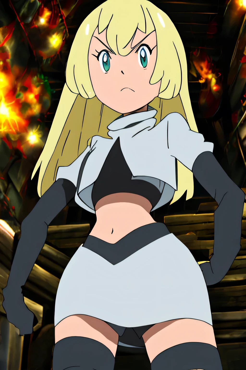 8k, masterpiece,highres, team rocket uniform, red letter r, white skirt,white crop top,black thigh-high boots, black elbow gloves, glaring angrily, looking down at viewer, hands on hips, cowboy shot, zettai ryouiki,spread legs,from below, black panties,anime style, vivid colors, sharp focus, intense lighting,Colette Brunel