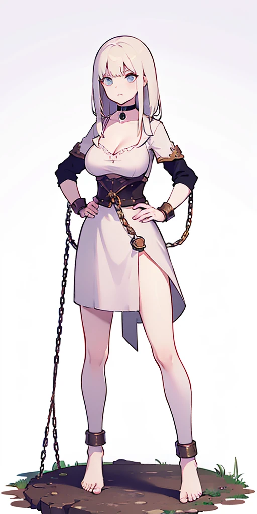 full body, barefoot, solo, female, big breast ,linen tunic, fantasy village, armor, Handcuffs on their hands, With a collar around the neck, hands on hips, slave, ((black choker, shackles on legs and arms))