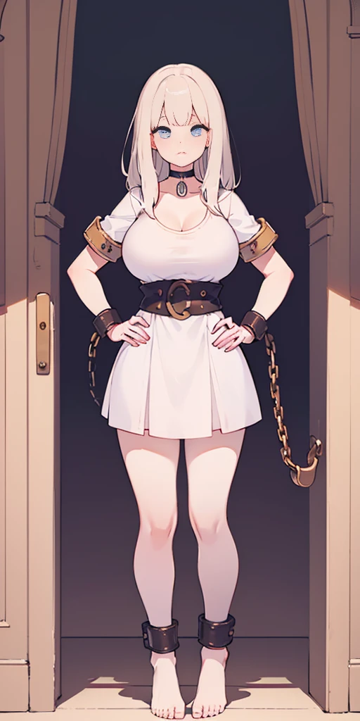 3809393506full body, barefoot, solo, female, big breast ,linen tunic, fantasy village, armor, Handcuffs on their hands, With a collar around the neck, hands on hips, slave, ((black choker, shackles on legs and arms))