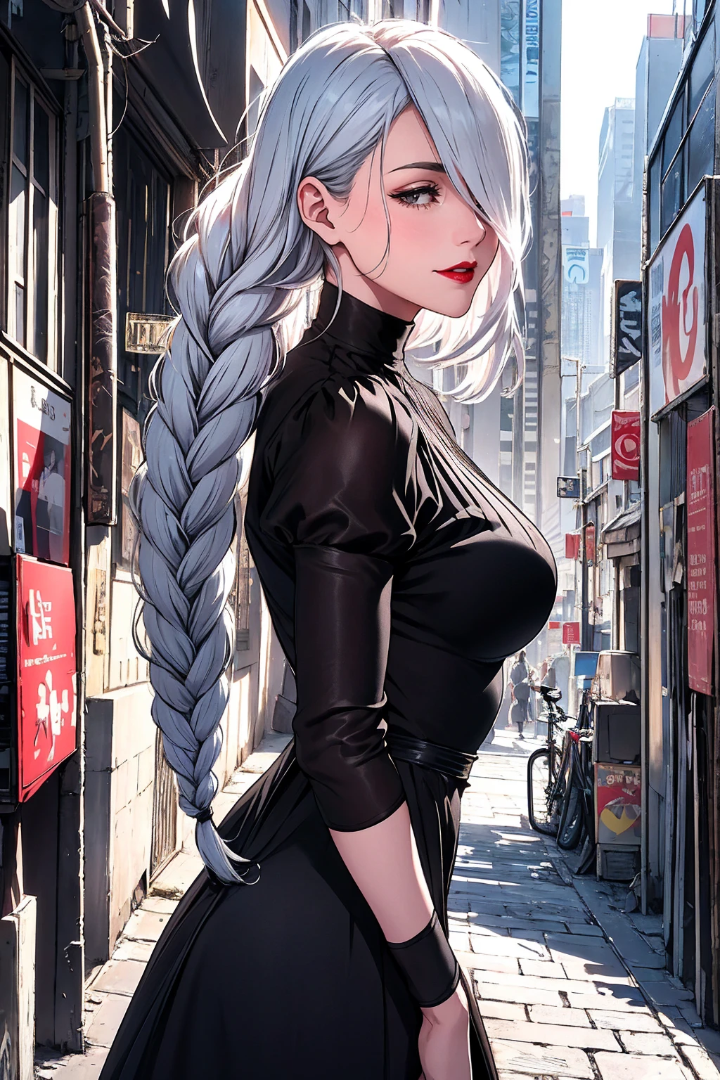 ultra realistic 8k cg, masterpiece, ((ultra detailed background, delicate pattern, intricate detail)), (highly detailed, fine details), best quality, 1girl, (photorealistic:1.4),beautiful lighting, absurdres, RAW photo, film grain, ((medium breasts, slim girl)), 1girl, MeiMei, solo, long hair, braid, dress, hair over one eye, smile, long sleeves, braided bangs, black dress, braided ponytail, white hair, puffy sleeves, holding, turtleneck dress, makeup, grey hair, red lips, one eye covered, lipstick, parted lips, single braid, (complex detailed background, outside, urban environment, cowboy shot, from behind),