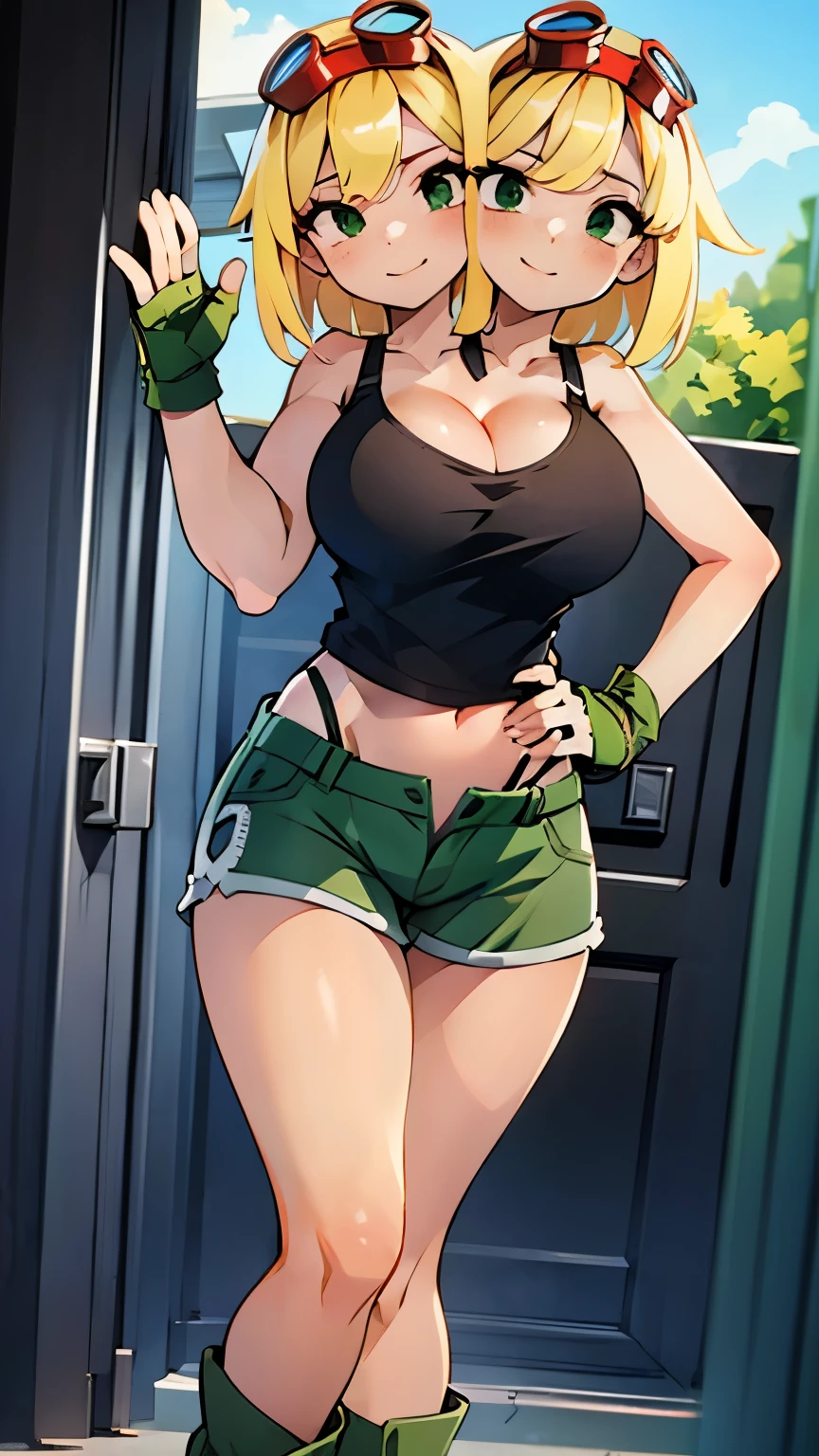 best quality, (masterpiece),(ultra-detailed), (high quality), (high resolution), ((2heads:1.5)), best quality:1.5, highres, UHD, 16K), smiling, highres, masterpiece, (blonde hair), (cleavage), (black short tank top), medium long hair, ((green denim shorts)), lustrous and smooth skin, (mature woman), (black eyes), (cute face), (exposed midriff), seductive silhouette, ((slim hips)), casual dress, sexy proportions, young girl with accentuated slender abs, long legs, seductive woman, lustrous woman, (large breasts), ((detailed eyes)), boots