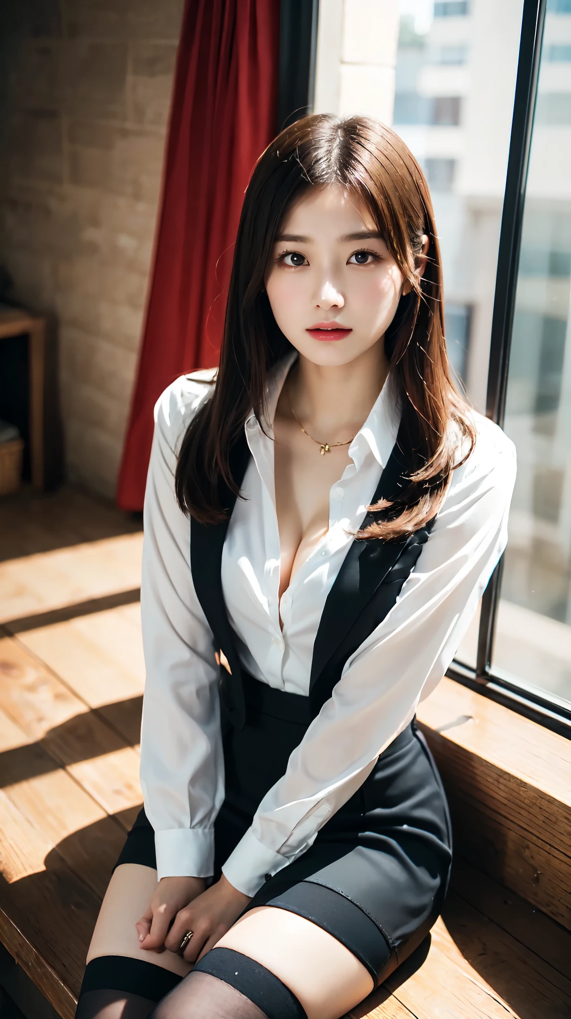 female secretary、formal, Black suit, (White shirt with a wide open chest), Roll up your black skirt to show off your thighs、(Ultra-realistic black stockings:1.3), sitting in a bay window, ((18-year-old female:1.2))、Young and adorable Japanese face, Official Art,Highly detailed CG Unity 8k wallpaper,(masterpiece:1.0),(highest quality:1.0), Very detailed, photo shoot, 8k, nsfw, High resolution, Kodak Portrait 400, Film Grain, Lens flare brilliance,View the viewer