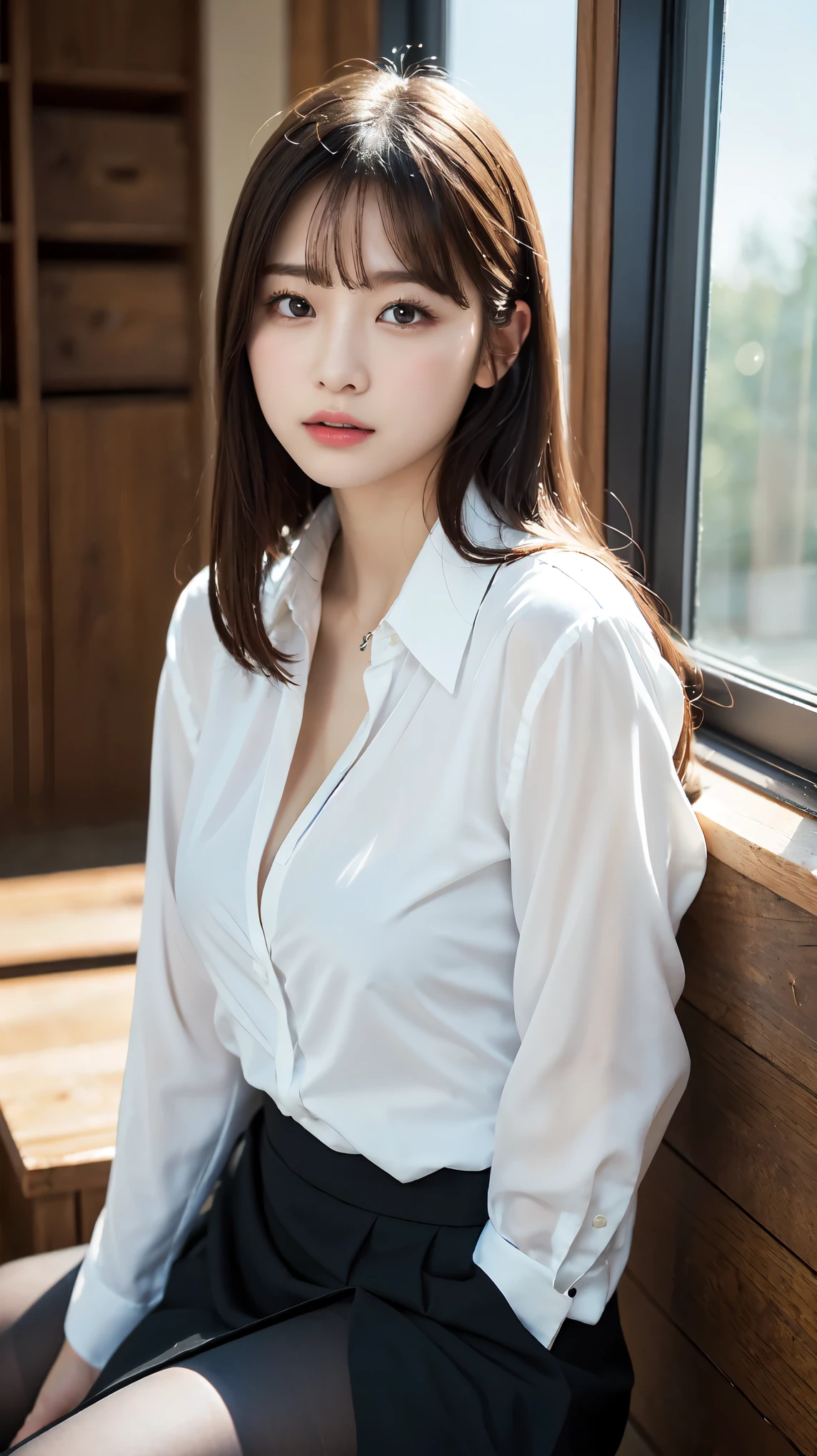 female secretary、formal, Black suit, (White shirt with a wide open chest), Roll up your black skirt to show off your thighs、（Ultra-realistic black stockings:1.3),  sitting in a bay window, ((18-year-old female:1.2))、Young and adorable Japanese face, Official Art，Highly detailed CG Unity 8k wallpaper，（masterpiece:1.0),(highest quality:1.0),  Very detailed, photo shoot, 8k, nsfw, High resolution, Kodak Portrait 400, Film Grain, Lens flare brilliance,View the viewer