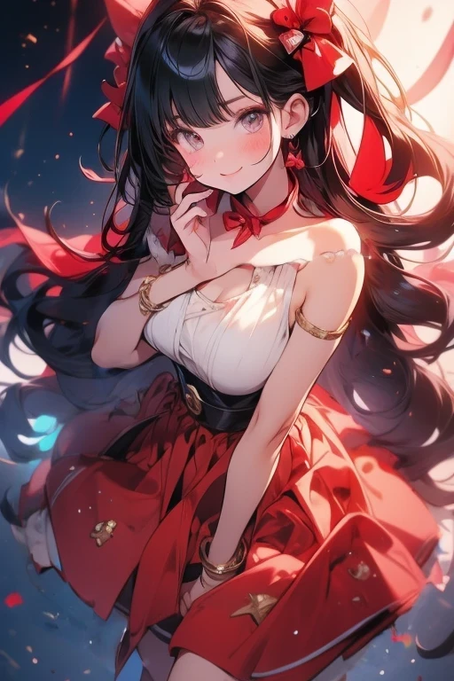 nsfw, masterpiece, best quality,1girl, solo,red bow, bow, long hair, hair bow, solo, hairband, black hair, sash, bangs, red hairband, breasts, brown eyes, masterpiece, light smile, (illustration: 1.5), naked