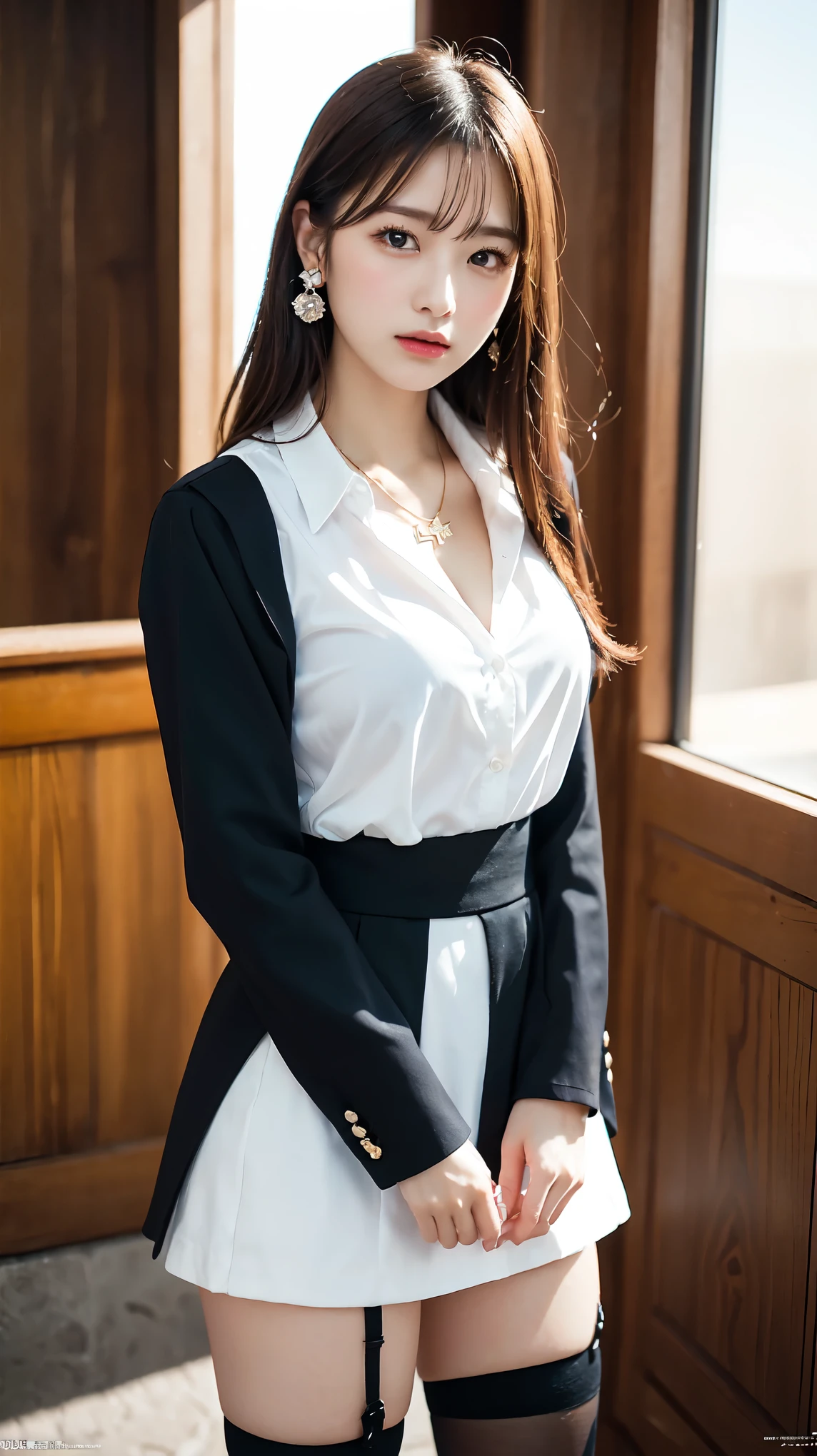 female secretary、formal, Black suit, (White shirt with a wide open chest), Roll up your black skirt to show off your thighs、（Ultra-realistic black stockings:1.3),  Platinum necklace and earrings, ((18-year-old female:1.2))、Young and adorable Japanese face, Official Art，Highly detailed CG Unity 8k wallpaper，（masterpiece:1.0),(highest quality:1.0),  Very detailed, photo shoot, 8k, nsfw, High resolution, Kodak Portrait 400, Film Grain, Lens flare brilliance,View the viewer