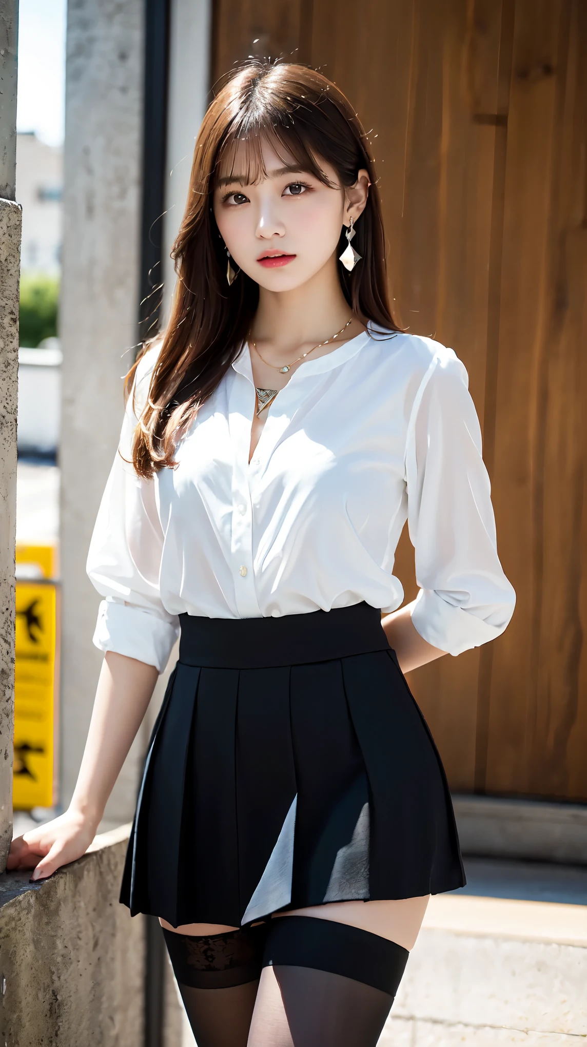female secretary、formal, Black suit, (White shirt with a wide open chest), Roll up your black skirt to show off your thighs、(Ultra-realistic black stockings:1.3), Platinum necklace and earrings, ((18-year-old female:1.ung and adorable Japanese face, Official Art,Highly detailed CG Unity 8k wallpaper,(masterpiece:1.0),(highest quality:1.0), Very detailed, photo shoot, 8k, nsfw, High resolution, Kodak Portrait 400, Film Grain, Lens flare brilliance,View the viewer
