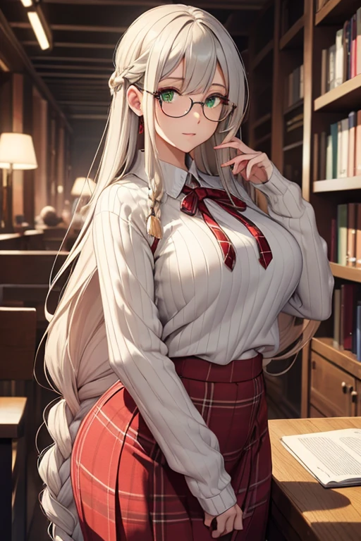 ((masterpiece)), (best quality:1.7), (detailed:1.4), (high res:1.4), 8k, (colorful:1.5), high resolution, sharped image, 4k, hd, (beautiful detailed background:1.2), (beautiful lighting:1.2), (highly detailed:1.2), perfect lighting, (8k wallpaper:1.2), (highly detailed:1.2), (extremely detailed CG:1.2), (((only white gray very long straight hair with two braid front bangs with red ribbon ties))), (only white hair), ((large full chest)), (((very busty))), curvy figure, (((light green eyes))), (beige loose ribbed sweater)), ((red plaid pattern skirt with black full length leggings)), ((big circle glasses)), library, mature, older, human adult, tall, fullbody