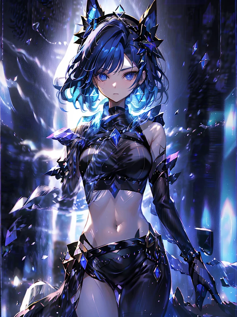 -yeld giwearing a black elegant hat、Rune background、black magician、Wearing a black robe、mesmerize、cute woman、Elegant hairstyle、indigo hair color、Slightly shorter hair、blue eyes、look at the viewer、masterpiece、Best image、