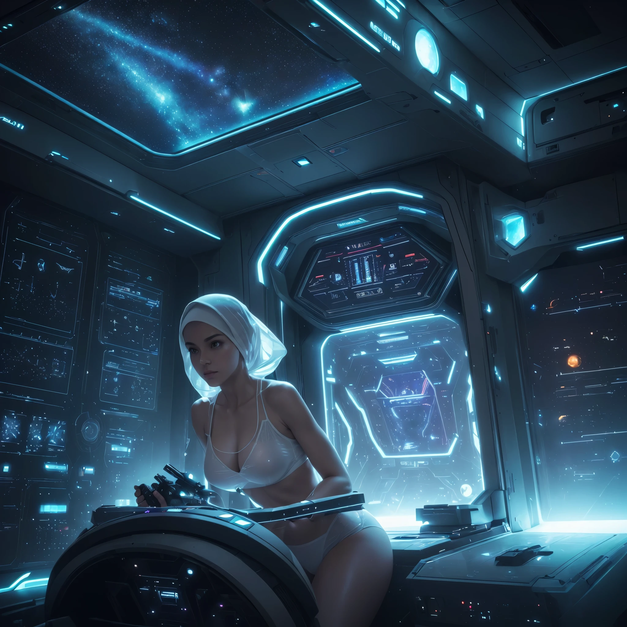 (best quality,highres,masterpiece:1.2),ultra-detailed,(realistic,photorealistic,photo-realistic:1.37),busty Malaysian woman,athletic,hijab no hair showing,(30-year-old,30yo),(tight white sheer tank top,sheer white bikini cut panties),(scifi instruments,advanced equipment),(dimly lit space ship,lowlight environment),(high-tech control room,advanced control station),(futuristic displays,holographic screens),(star map,holographic star chart),(spaceship interior,intergalactic interior),(technological details,complex mechanisms),(glowing buttons,illuminated switches),(sleek spaceship design,aerodynamic vessel),(spaceship exterior,surrounded by stars),(deep space exploration,journey through the cosmos),(vast universe,limitless galaxies),(astral travel,interstellar adventure),(heavenly bodies,celestial objects),(otherworldly atmosphere,cosmic ambiance),(mysterious energy,powerful forcefield),(dynamic camera angle,compelling perspective),(captivating sci-fi scene,dystopian future),(rich colors,striking palette),(soft lighting,subtle shadows),(faint glow,ethereal aura),(cinematic composition,dramatic framing)
