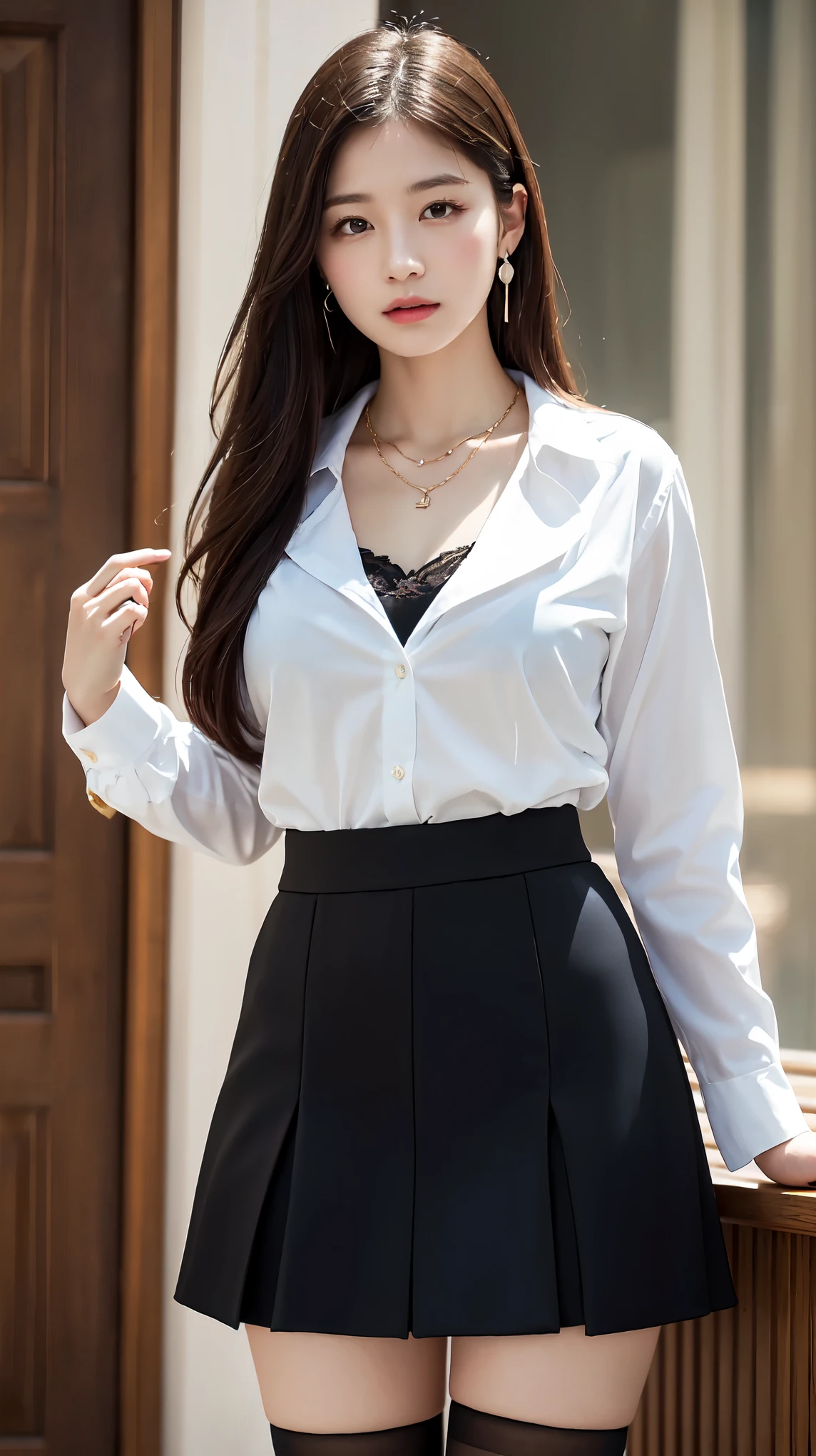 female secretary、formal, Black suit, (White shirt with a wide open chest), Black jacket, Roll up your black skirt to show off your thighs、(Ultra-realistic black stockings:1.3), Platinum necklace and earrings, ((18-year-old female:1.2))、Young and adorable Japanese face, Official Art,Highly detailed CG Unity 8k wallpaper,(masterpiece:1.0),(highest quality:1.0), Very detailed, photo shoot, 8k, nsfw, High resolution, Kodak Portrait 400, Film Grain, Lens flare brilliance,View the viewer