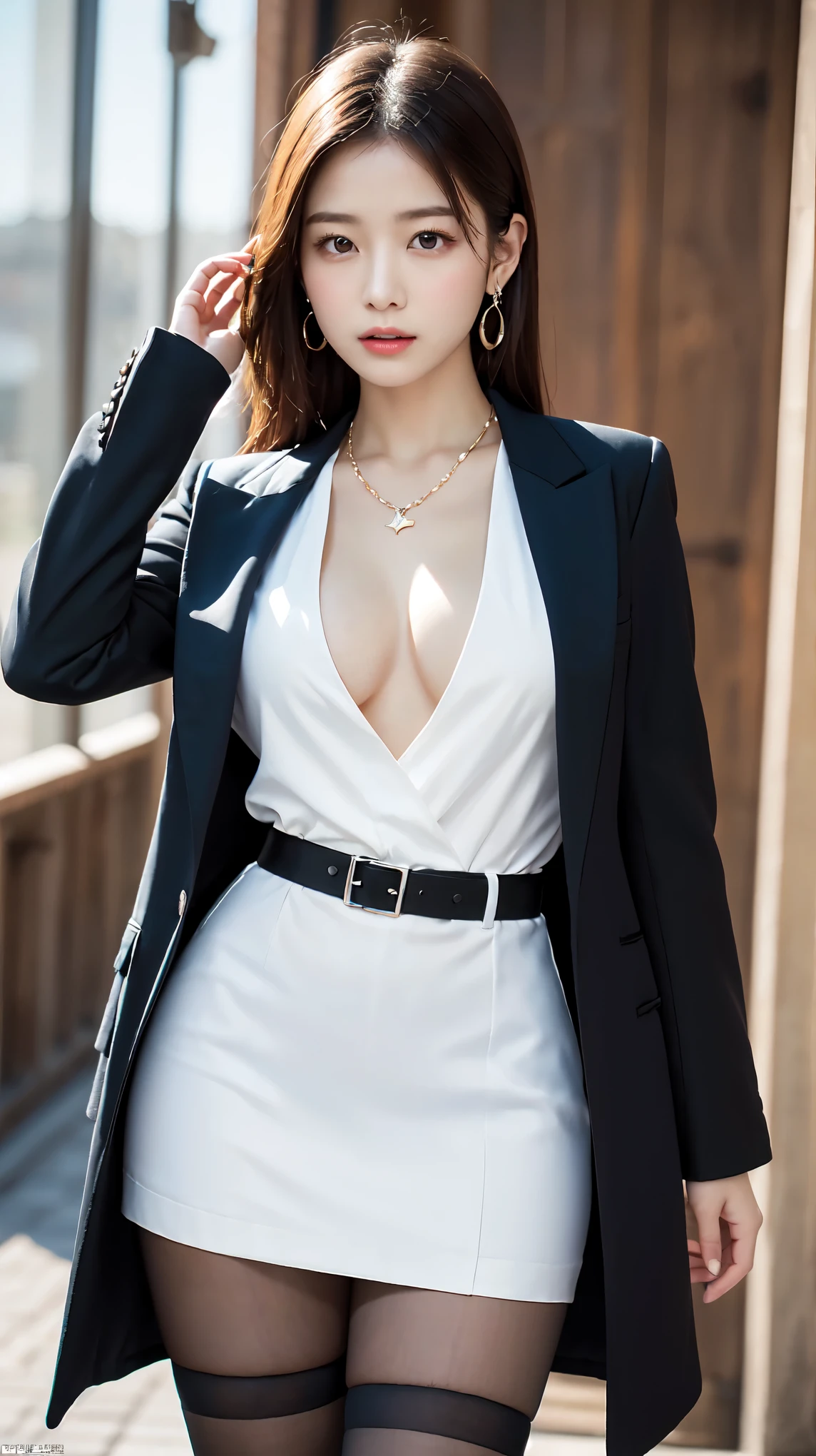 female secretary、formal, Black suit, (White shirt with a wide open chest), Black jacket, Roll up your black skirt to show off your thighs、（Ultra-realistic black stockings:1.3),  Platinum necklace and earrings, ((18-year-old female:1.2))、Young and adorable Japanese face, Official Art，Highly detailed CG Unity 8k wallpaper，（masterpiece:1.0),(highest quality:1.0),  Very detailed, photo shoot, 8k, nsfw, High resolution, Kodak Portrait 400, Film Grain, Lens flare brilliance,View the viewer