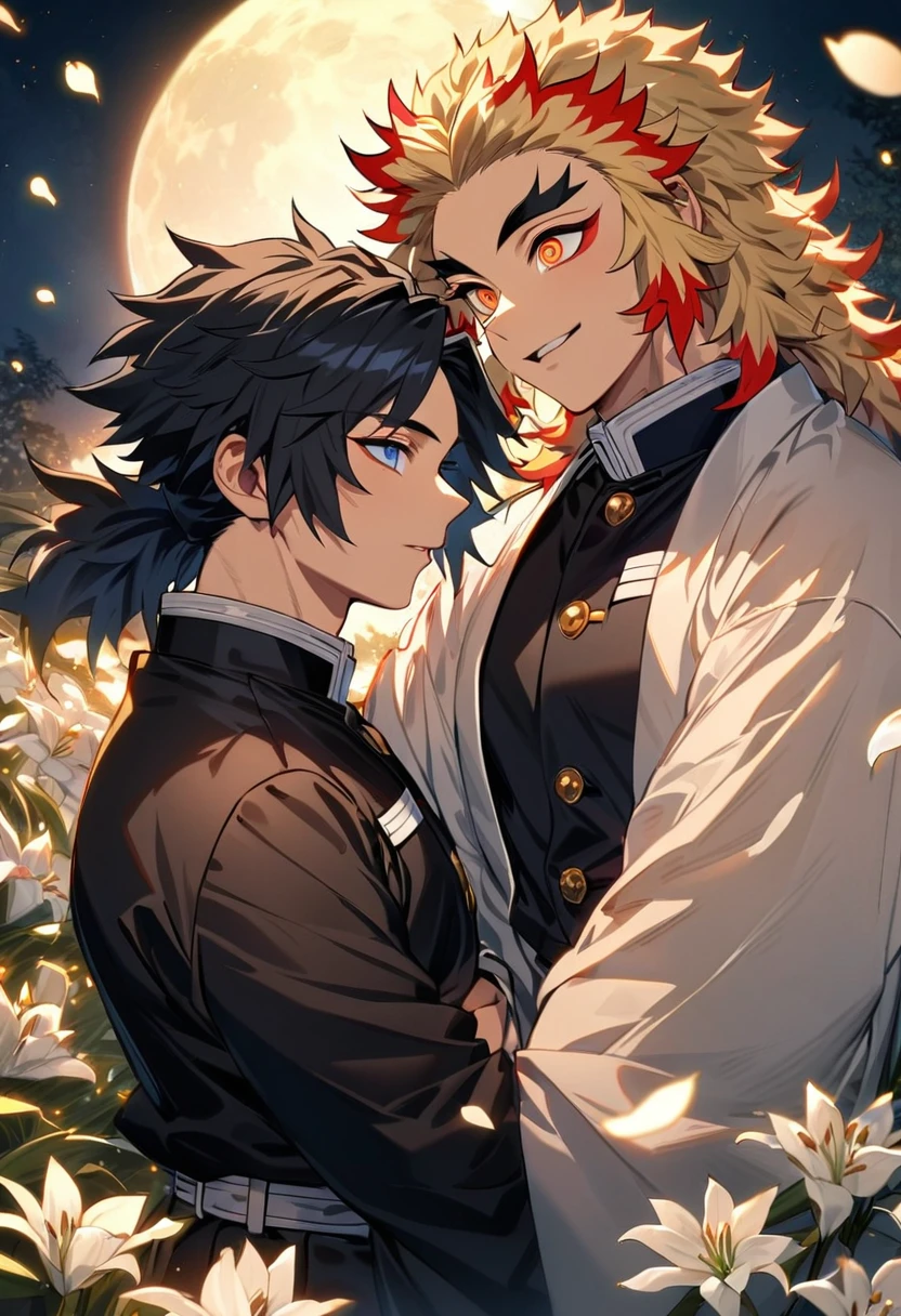 absurdres, highres, ultra detailed, HDR, master piece, best quality, Tomioka Giyu, untamed black hair, expressive blue eyes, Kimetsu No Yaiba, Rengoku Kyojuro, blond hair, expressive orange eyes, 2men together, gay couple, handsome, demon slayer uniform, petals, white lilies, moon, fireflies