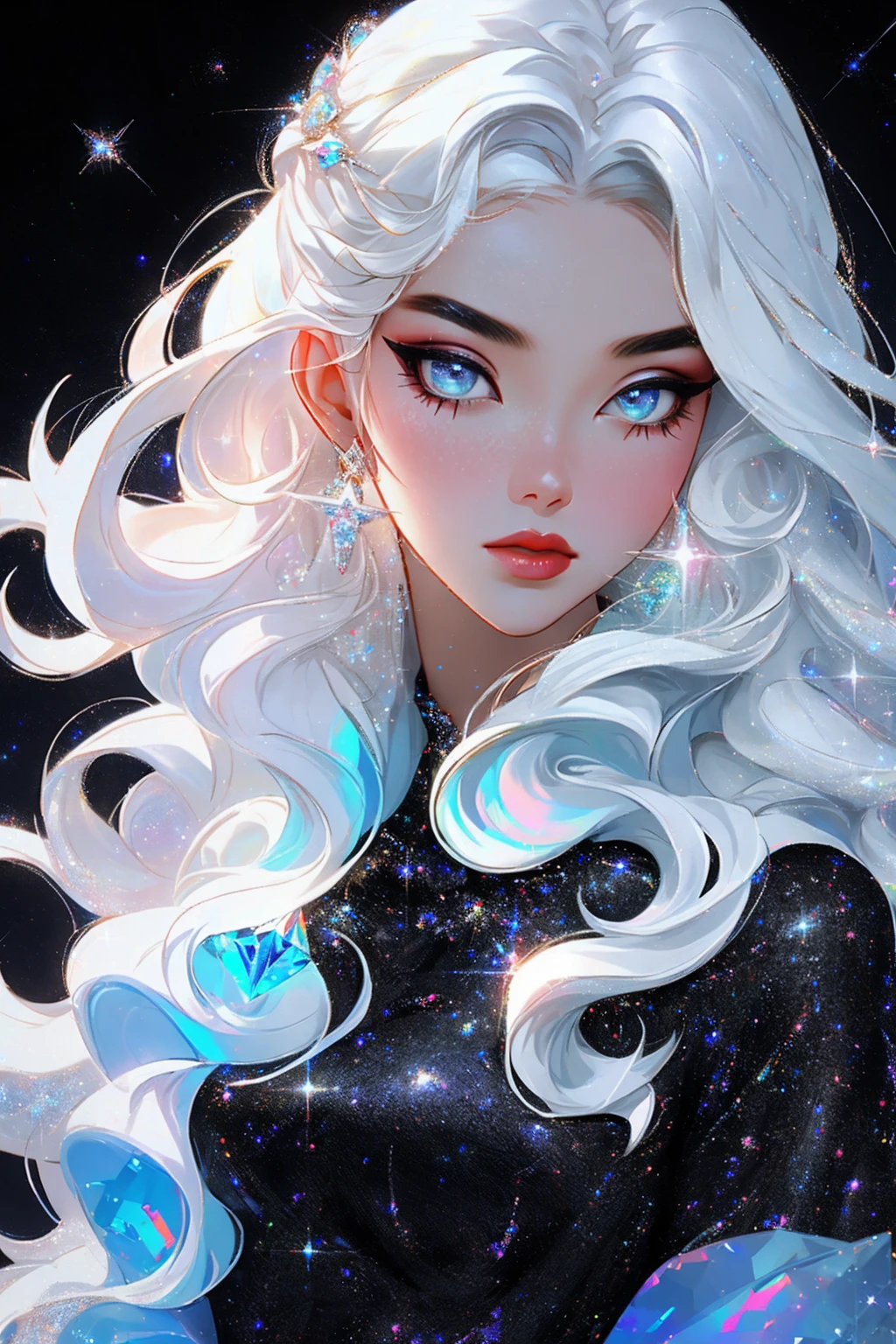 {-erro_de_anatomia:1.0} masterpiece, highest quality, (perfect face:1.1, (high detail)1.1, sweet stardust vampire , long soft white hair, opal eyes, perfectly drawn face, black dress, stars detailed background, prismatic lighting, glitter, whole body, walking on the stars with crystal shoes.