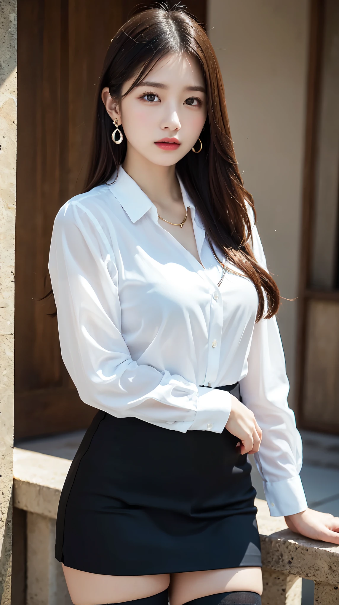 female secretary、formal, Black suit, (White shirt with a wide open chest), Black jacket, Roll up your black skirt to show off your thighs、(Ultra-realistic black stockings:1.3), Platinum necklace and earrings, ((18-year-old female:1.ung and adorable Japanese face, Official Art,Highly detailed CG Unity 8k wallpaper,(masterpiece:1.0),(highest quality:1.0), Very detailed, photo shoot, 8k, nsfw, High resolution, Kodak Portrait 400, Film Grain, Lens flare brilliance,View the viewer