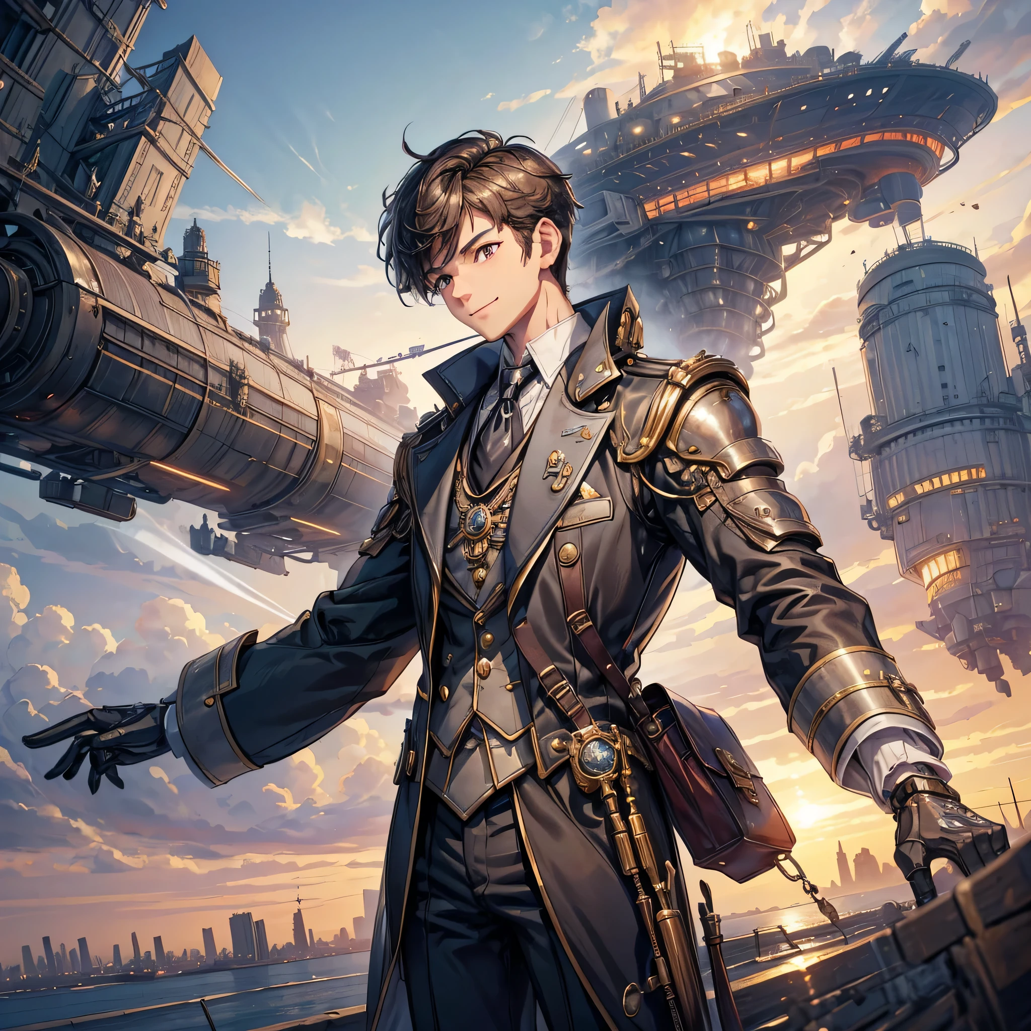 perfect anatomy, masterpiece:1.4, highres, 16k, (detailed mechanical:1.4 city, filled with steam:1.3) (in the steampunk:1.5 city), ((the background biggest Mechanical airship)), break, (traveller style)
(from-side profile, wide-angle:1.3) (solo:1.3 silver short hair detailed boy), ((16 yo)), (detailed red eyes, smile), break, (in a butler uniform), (have a big Travel bag).