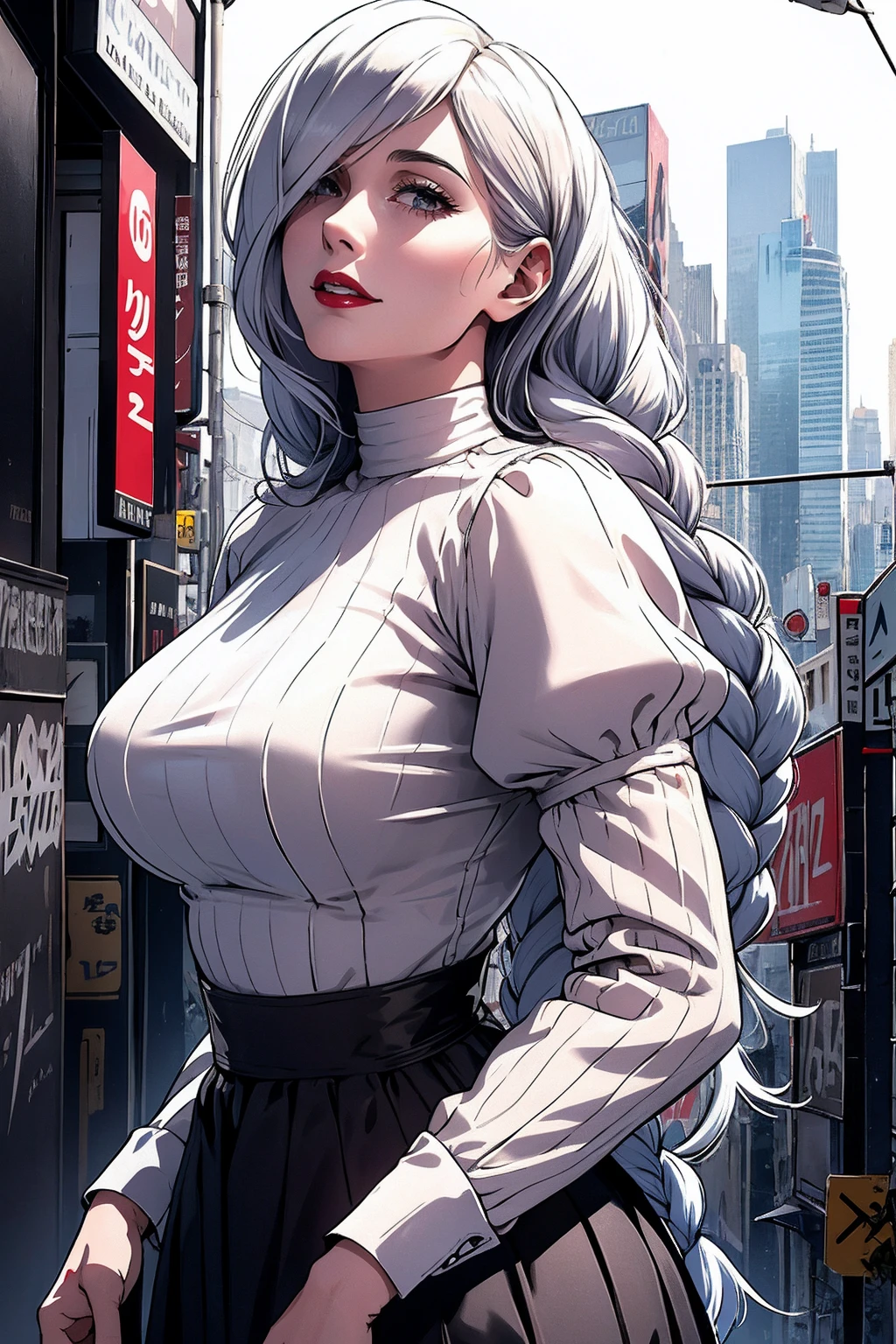 ultra realistic 8k cg, masterpiece, ((ultra detailed background, delicate pattern, intricate detail)), (highly detailed, fine details), best quality, 1girl, (photorealistic:1.4),beautiful lighting,  absurdres, RAW photo, film grain, ((medium breasts, slim girl)), 1girl, MeiMei, solo, long hair, braid, dress, hair over one eye, smile, long sleeves, braided bangs, black dress, braided ponytail, white hair, puffy sleeves, holding, turtleneck dress, makeup, grey hair, red lips, one eye covered, lipstick, parted lips, single braid, (complex detailed background, outside, urban environment, cowboy shot, from behind),
