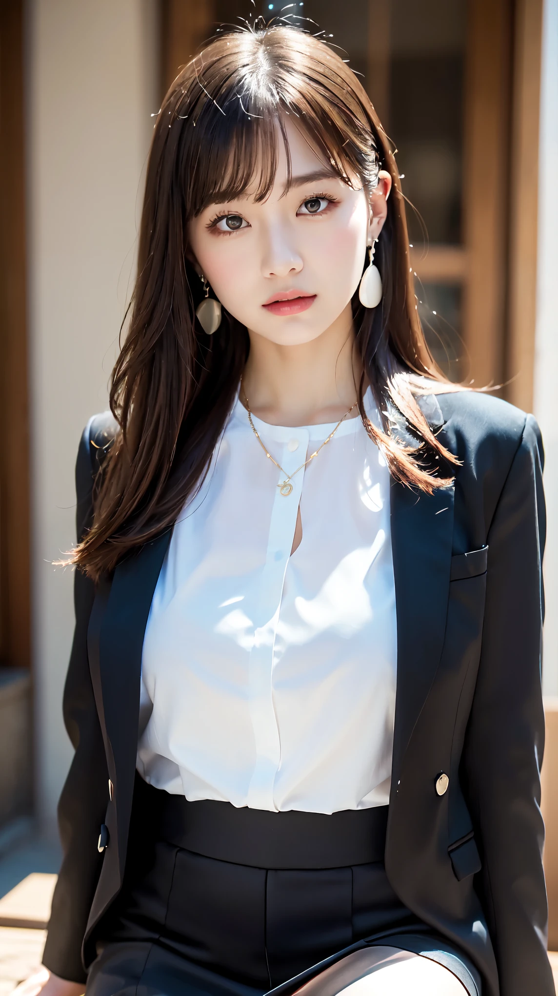 female secretary、formal, Black suit, (White shirt with a wide open chest), Black jacket, Roll up your black skirt to show off your thighs、(Ultra-realistic black stockings:1.3), Platinum necklace and earrings, ((18-year-old female:1.ung and adorable Japanese face, Official Art,Highly detailed CG Unity 8k wallpaper,(masterpiece:1.0),(highest quality:1.0), Very detailed, photo shoot, 8k, nsfw, High resolution, Kodak Portrait 400, Film Grain, Lens flare brilliance,View the viewer