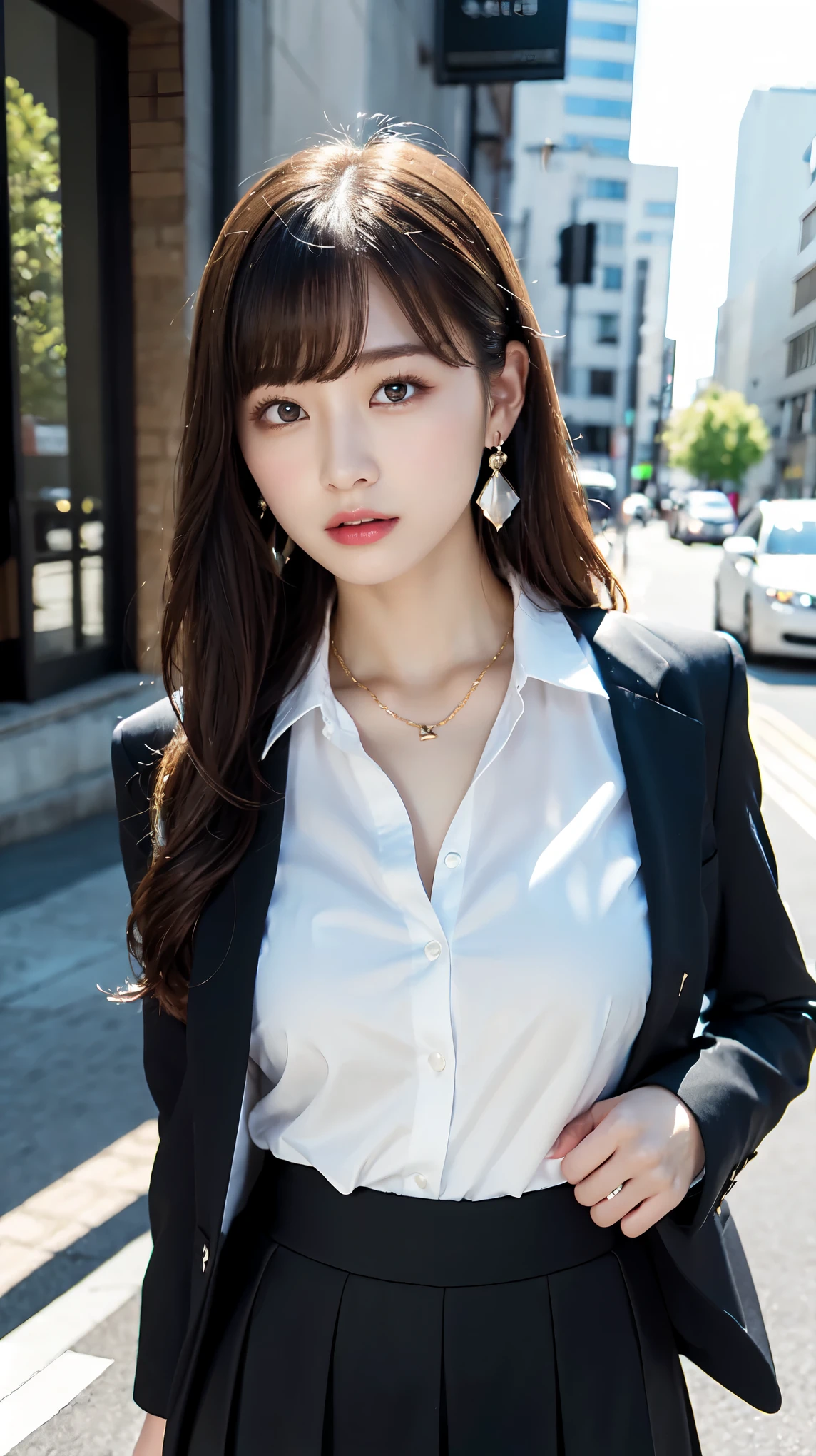 female secretary、formal, Black suit, (White shirt with a wide open chest), Black jacket, Roll up your black skirt to show off your thighs、（Ultra-realistic black stockings:1.3),  Platinum necklace and earrings, ((18-year-old female:1.2))、Young and adorable Japanese face, Official Art，Highly detailed CG Unity 8k wallpaper，（masterpiece:1.0),(highest quality:1.0),  Very detailed, photo shoot, 8k, nsfw, High resolution, Kodak Portrait 400, Film Grain, Lens flare brilliance,View the viewer