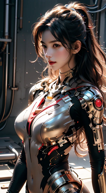Virtual image,Realistic 8K visuals,hips up,Masterpiece,Highest quality,Maximum details,perfect anatomy,Complete dynamic composition,Light that is comfortable for the eyes,Light hits from the side..,Young woman wearing brown hair,alone,Cybernetics,Complex machines,Metallic white and red body_gold,The unit has a large neon light on the chest..,Red and white bikini body,morning.