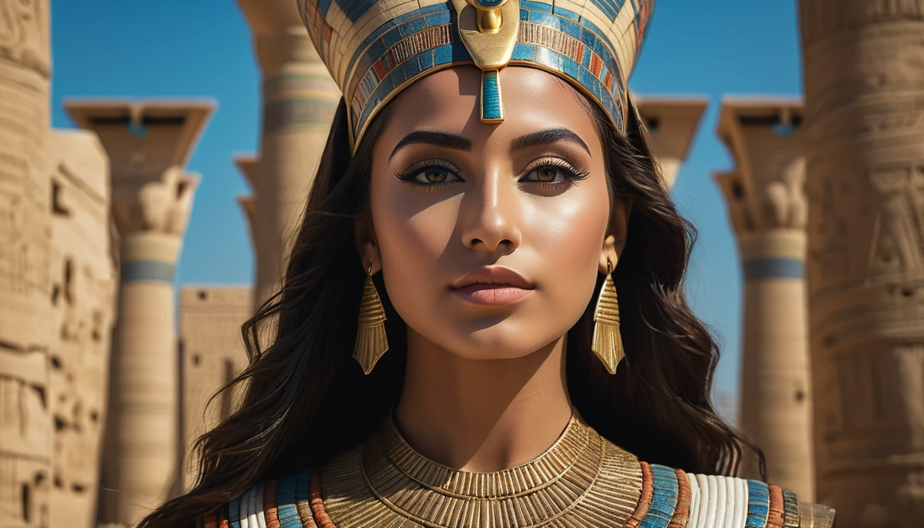 professional full length RAW photograph of a young Egyptian goddess Hathor in Luxor, charming symmetrical look, cute natural makeup, ((photorealistic)), hyperrealistic, lifelike, extremely high detail, sharp focus, modelshoot style, retro style, (cinematic lighting), volumetric light, high quality, (film grain), professionally color graded, highly detailed, UHD, DSLR, depth of field, Fujifilm XT3, f/2, 100mm, 8k