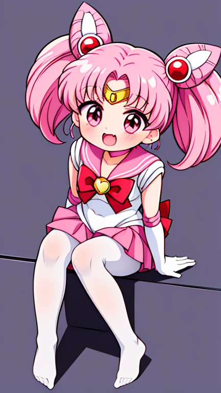 Sailor Moon，young年，，cute，（Little Loli），Pink hair twintails，short hair，Sailor Suit，red bow，White elbow gloves，Red Skirt，no shoes，Open your mouth，laughing out loud，Fangs，(White pantyhose),soles of feet，Soles，(young)，(little man)，sit