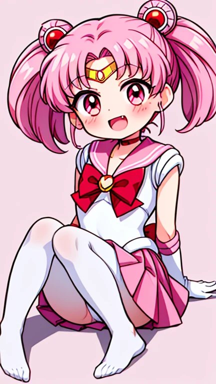 Sailor Moon,young年,Seven years old,cute,(Little Loli),Pink hair twintails,short hair,Sailor Suit,red bow,White elbow gloves,Red Skirt,no shoes,Open your mouth,laughing out loud,Fangs,(White pantyhose),soles of feet,Soles,(young),(little man),sit