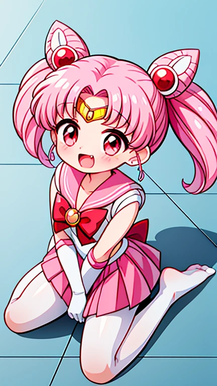 Sailor Moon，young年，Seven years old，cute，（Little ****），Pink hair twintails，short hair，Sailor Suit，red bow，White elbow gloves，Red Skirt，no shoes，Open your mouth，laughing out loud，Fangs，(White pantyhose),soles of feet，Soles，(young)，(little man)，sit