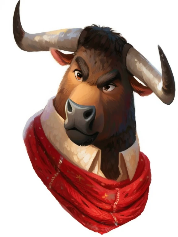 There is a bull&#39;s head，Ate una bufanda roja alrededor, cabeza de Vaca, Humano disfrazado de toro, toro antro, depicted como un personaje de pixar,  Un toro, toro, hipnotizado, sacando la lengua, como un personaje de pixar, similar a un toro\&#39;s, personaje ideal de pixar