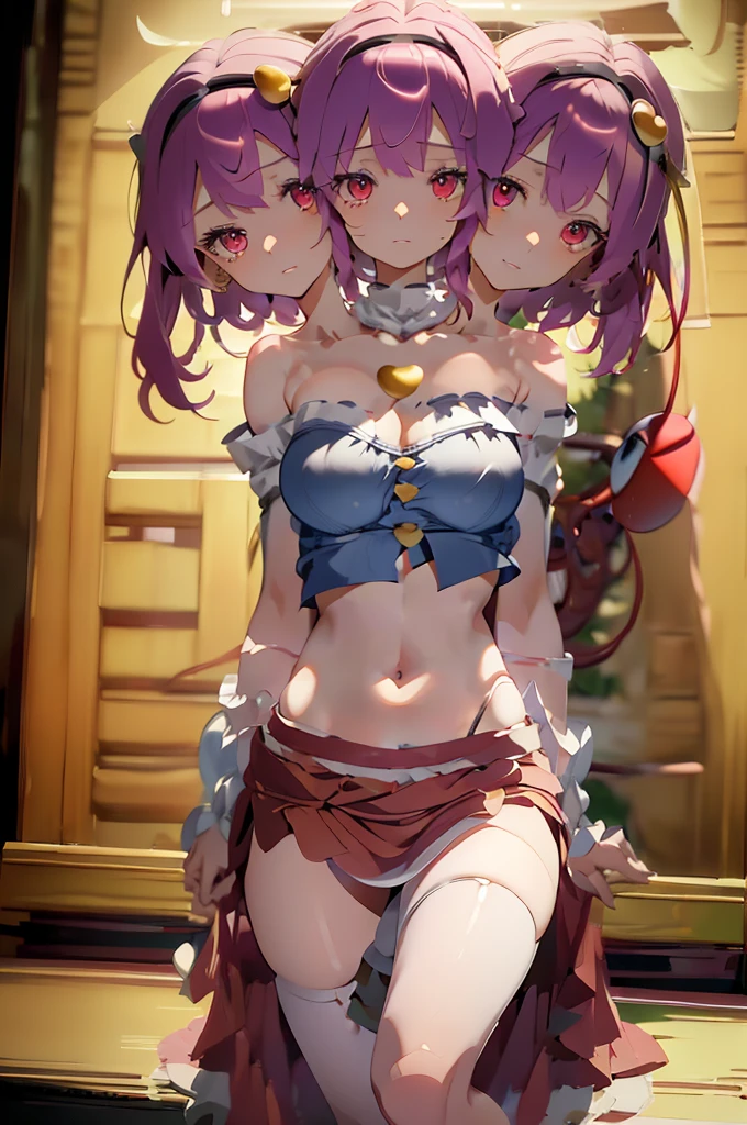 (masterpiece, best quality), best quality, (ultra-detailed), (3heads:1.5), 1girl, (miyoi okunoda:1.3), masterpiece, best quality, ultra quality, ultra resolution, light-blue top, crop top, ((stomach)), midriff, ((groin)), purple skirt with red and white papers stuck on them, normal ears, shackles, pink hair, very long hair, wavy hair, sidelocks, green eyes, detailed eyes, parted lips, sweat, cute, toned belly, hand on own chest, eyelashes, (25 year old woman:1.3), (masterpiece:1.5), (best quality:1.5), (beautiful detailed), extremely detailed CG, extremely delicate and beautiful, depth of field, (finely detailed face), (perfect details:1.2), (mature female:1.4), wide pelvis, slender, large veiny breast, 16k resolution, highres, very high quality, very high definition, extremely detailed, masterpiece, pink hair, long hair, alluring presence, braid, short skirt, close up, big tits, young, nsfw,