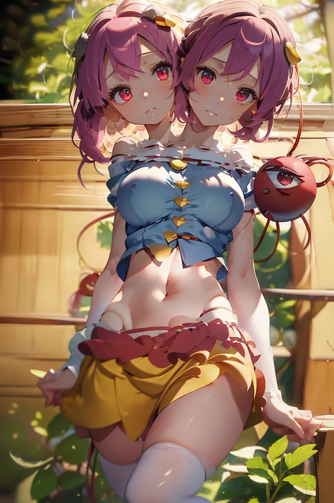(masterpiece, best quality), best quality, (ultra-detailed), (3heads:1.5), 1girl, (komeji satori:1.3), masterpiece, best quality, ultra quality, ultra resolution, ultra detail, light blue top, crop top, ((stomach)), midriff, ((groin)), pink skirt, normal ears, shackles, pink hair, very long hair, wavy hair, sidelocks, red eyes, detailed eyes, parted lips, sweat, cute, toned belly, hand on own chest, eyelashes, (24 year old woman:1.3), (masterpiece:1.5), (best quality:1.5), (beautiful detailed), extremely detailed CG, extremely delicate and beautiful, depth of field, (finely detailed face), (perfect details:1.2), (mature female:1.3), wide pelvis, slender, large veiny breast, 16k resolution, highres, very high quality, very high definition, extremely detailed, masterpiece, best quality, pink hair, long hair, alluring presence, braid, short skirt, close up, big tits, young, black headband, hair ornament,
