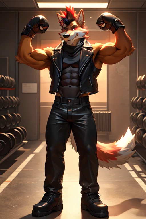 ((best quality)), ((masterpiece)), (detailed), perfect face, Bara Furry, Anthropomorphic wolfdog, 70% Wolf, 25% Tamaskan wolfdog, 5% Dingo, 6'7 and 233 lbs, 50" Chest, 21" Shoulders, 17" Biceps, 36" Waist, 25" thighs, 17" calves, 20" back, orange fur, red fur on tips of his ears, red fur at the end of his tail, red hair, mohawk hairstyle, red eyes, weaing sleeveless black leather biker vest, wearing white T-shirt with sleeveless ripped off, wearing black leather pants, wearing black leather boots, wearing black bandana around forehead, wearing red boxing gloves, eight abs, well defined abs, flexing bicep, on hand hip, smirking, looking proud, acting cocky, gym scene, dynamic lighting, perfect shading, soft shading, soft colors, vivid colors, pastel colors 