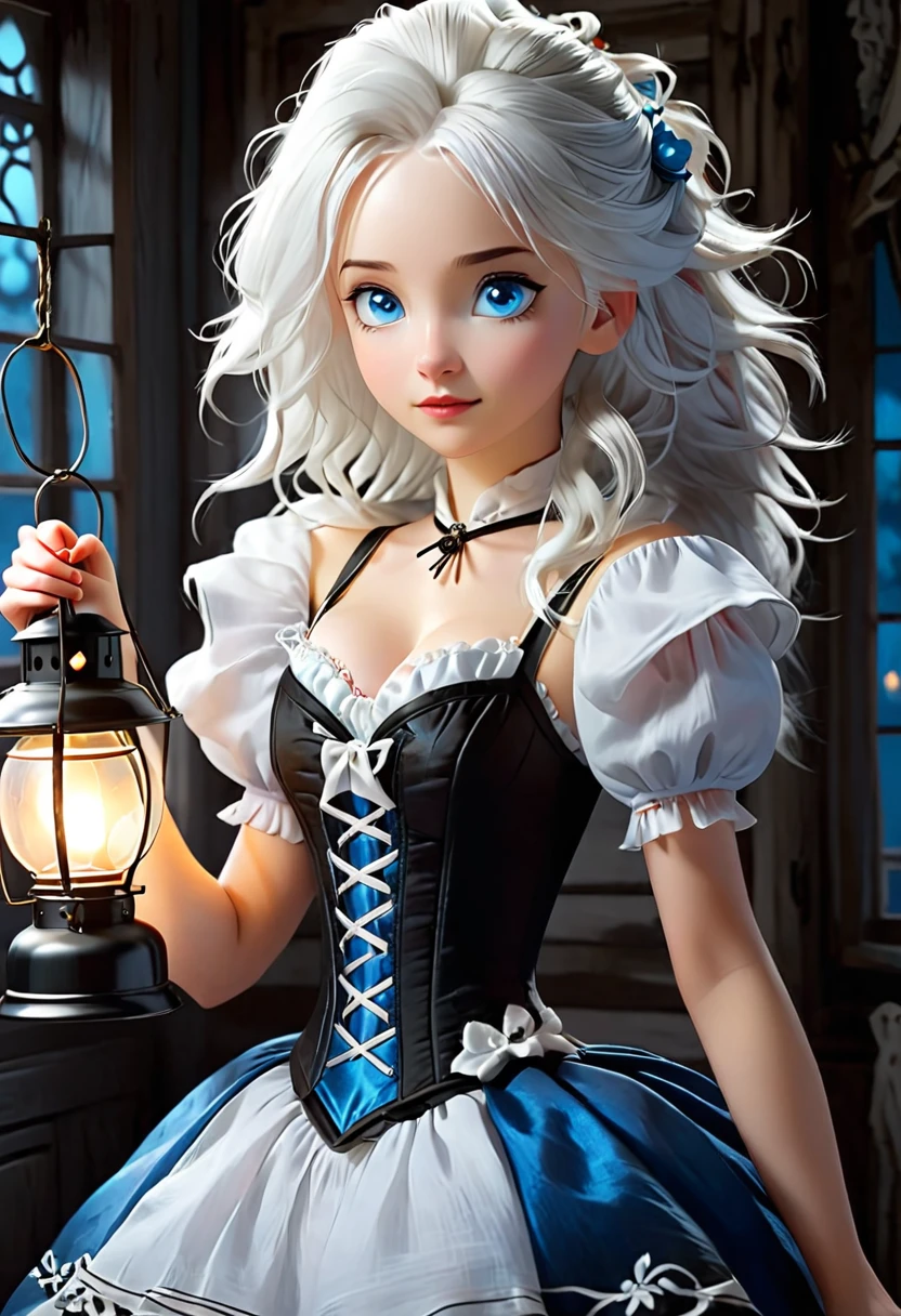 "((inside the bedroom)) is a girl Holding a lantern. She has white hair, blue eyes, black and white dress with a white corset. "