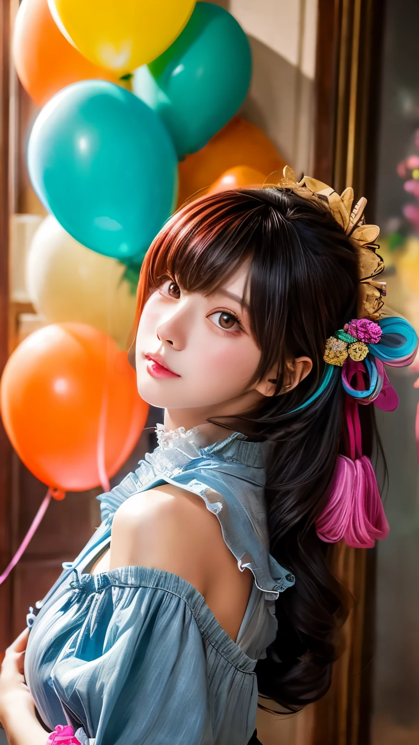 (masterpiece、highest quality、Official Art:1.2)、(colorful)、who should look&#39;Watching、1 girl、Portraiture、alone、Colorful floating 、Random sexy poses、peekaboo、Pun Pun、Cosplay、balloon