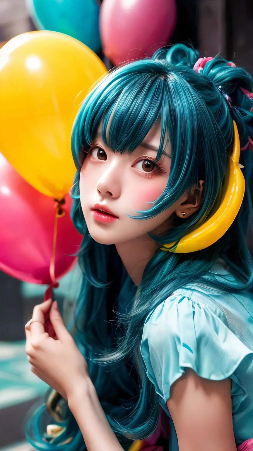 (masterpiece、highest quality、Official Art:1.2)、(colorful)、who should look'Watching、1 girl、Portraiture、alone、Colorful floating 、Random sexy poses、peekaboo、Pun Pun、Cosplay、balloon