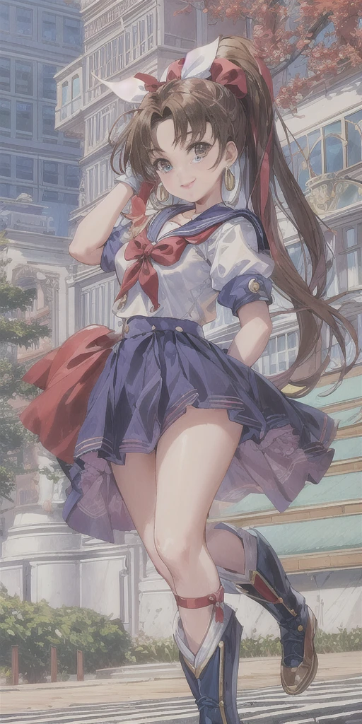 best quality, (masterpiece:1.2), highly detailed, standing, outdoors, building, school, FEMALE hand on hips 1girl, solo, standing, looking at the viewer, smile, sign to viewer brown hair, ponytail, brown eyes, scrunchie, (sailor senshi uniform), circlet, jewelry, earrings, choker, red bow, white gloves, elbow gloves, blue skirt