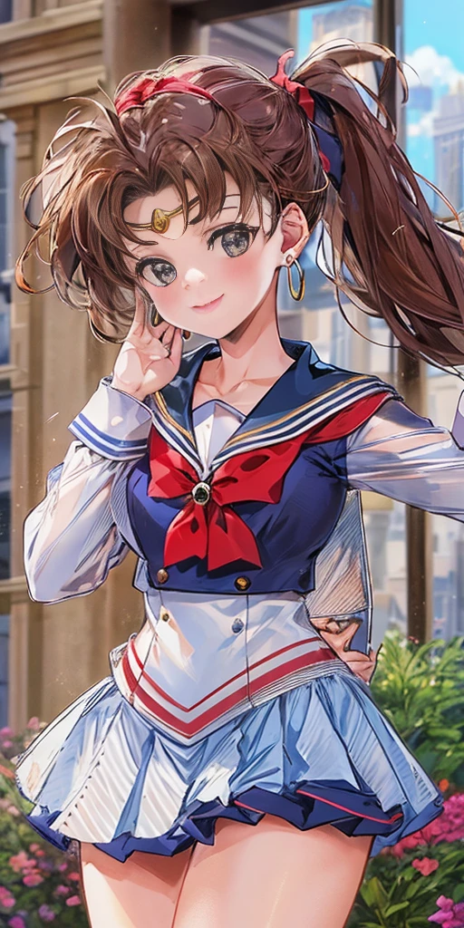 best quality, (masterpiece:1.2), highly detailed, standing, outdoors, building, school, FEMALE hand on hips 1girl, solo, standing, looking at the viewer, smile, sign to viewer brown hair, ponytail, brown eyes, scrunchie, (sailor senshi uniform), circlet, jewelry, earrings, choker, red bow, white gloves, elbow gloves, blue skirt