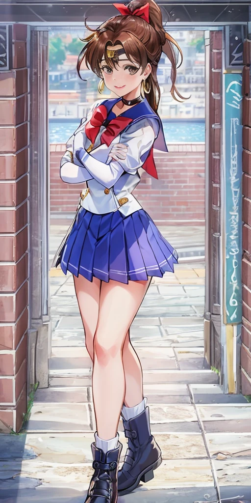 best quality, (masterpiece:1.2), highly detailed, standing, outdoors, building, school, FEMALE hand on hips 1girl, solo, standing, looking at the viewer, smile, sign to viewer brown hair, ponytail, brown eyes, scrunchie, (sailor senshi uniform), circlet, jewelry, earrings, choker, red bow, white gloves, elbow gloves, blue skirt