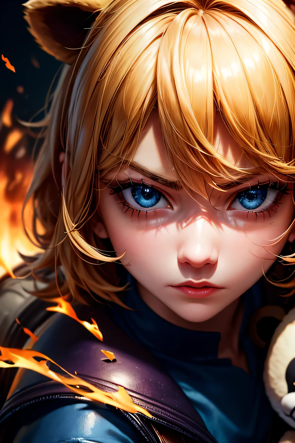 Black eyes, Annie, Blonde Hair, anger, Blue Leather Backpack, short hair,Long Bangs, fire, Panda Stuffed Animal, Tibbers, Purple Shirt, inflammation, Throw, close, Shine､masterpiece, 最high quality, high quality, High resolution, (Face close-up)､
