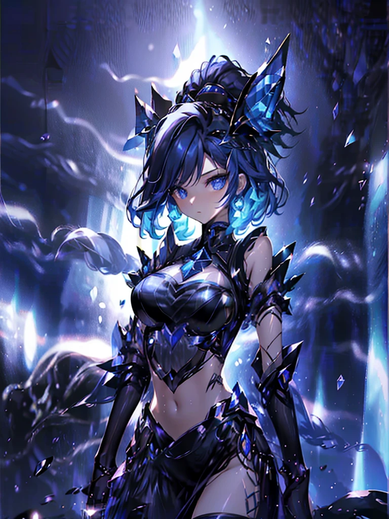 17-year-old girl、wearing a black elegant hat、Rune background、black magician、Wearing a black robe、mesmerize、cute woman、Elegant hairstyle、indigo hair color、Slightly shorter hair、blue eyes、look at the viewer、masterpiece、Best image、