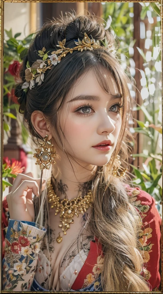 Bestquality，a masterpiece，Ultra-detailed high resolution，（Vivid：1.4），RAW Photos，，illustartion，1girle，（Solo exhibition：1.2），（Cowboy lens：1.2），（Hair crown：1.2），Traditional costumes of Dunhuang, China，strapless，（Red eyeliner：1.2），（Black eyes：1.4），earings，Dynamic angle，opera house，messy_long_hair，ink，Cinematic Light，lens_flare，velvet，chrysanthemum，tassels，Ribbon，Colorful embroidery，upper half body，facing the lens，Dynamic Pose，Large，Embroidered cloth shoes