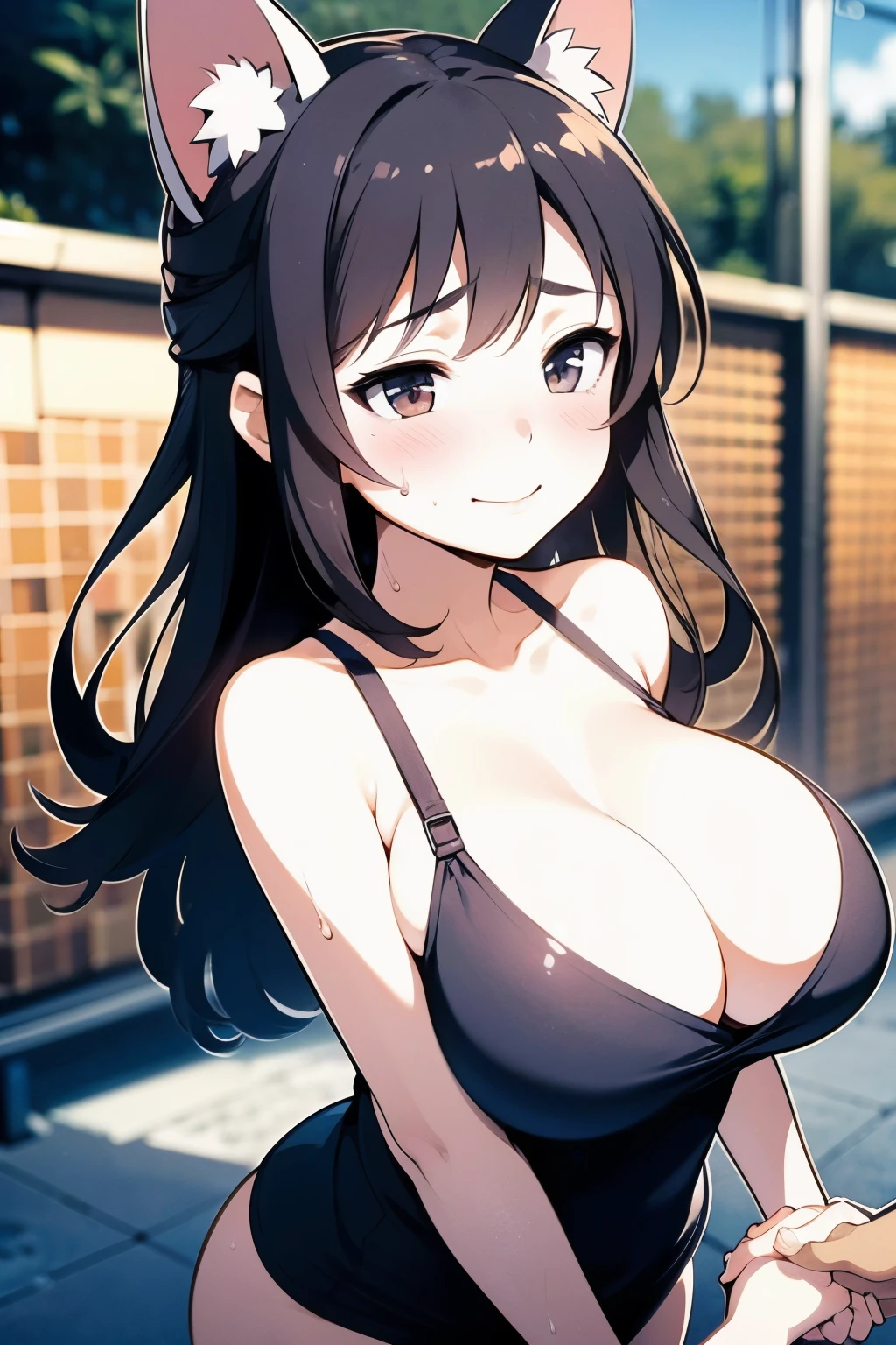 (One Japan Girl)、masterpiece, 最high quality, high quality, High precision,Highly detailed 8K wallpapers、Innocence、minimum、(Couple Dating)、(amusement park)、(Exposed、Shoulder Bare、Sexy plain clothes、Oversized)、funデート、cuteWife、summer、Black clothes、With thick milk in my hands、Hands on cheeks、(Sweat running down your cheeks、Sweat trickling down my chest)、Holding hands、fun、honeymoon、(Embarrassed smile)、My arm is grabbed、amusement parkを楽しむ、defenseless、cuteイカ腹、Pure、Innocence、cute顔、cute、(Big Breasts:1.4)、Beautiful breasts、Breasts that seem to overflow from clothes、cute顔、No correction、adult、Slender、A Body That Knows Men、団地wife、(girl、woman、Voluptuous、Fox ears、Fox Tail、Black Hair、Shortcuts、Hair that grows to the shoulders、Slimming、beautifulなお腹、beautiful、美しいwoman)、(short girl、Wife、wife)、From in front of the camera、look up、Wipe away sweat、Panty shot