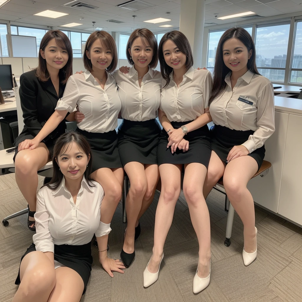 ((Best Quality, 8k, Masterpiecedetails, ultra-high resolution)), (group picture),(looking at the viewer), (full shot:), attractive business 5 milfs, 5 people, a bit chubby:0.25, seductive expression, white collared shirt, grey skirt, (sitting with cross legs on office desks)), smile, office of CEO