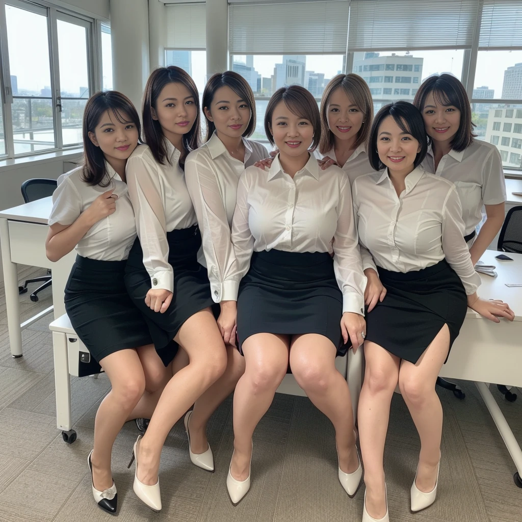 ((Best Quality, 8k, Masterpiecedetails, ultra-high resolution)), (group picture),(looking at the viewer), (full shot:), attractive business 5 milfs, 5 people, a bit chubby:0.25, seductive expression, white collared shirt, grey skirt, (sitting with cross legs on office desks)), smile, office of CEO