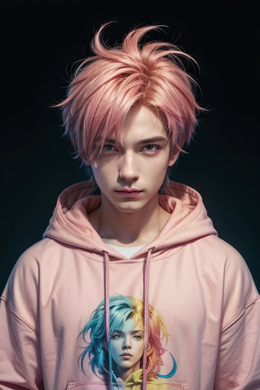 Hot, male, gay, pink, orange, blue, 1 man, anime, digital, hoodie, electric, synthwave, feminine, hair, 1 male, the color orange, mature, calm, happy