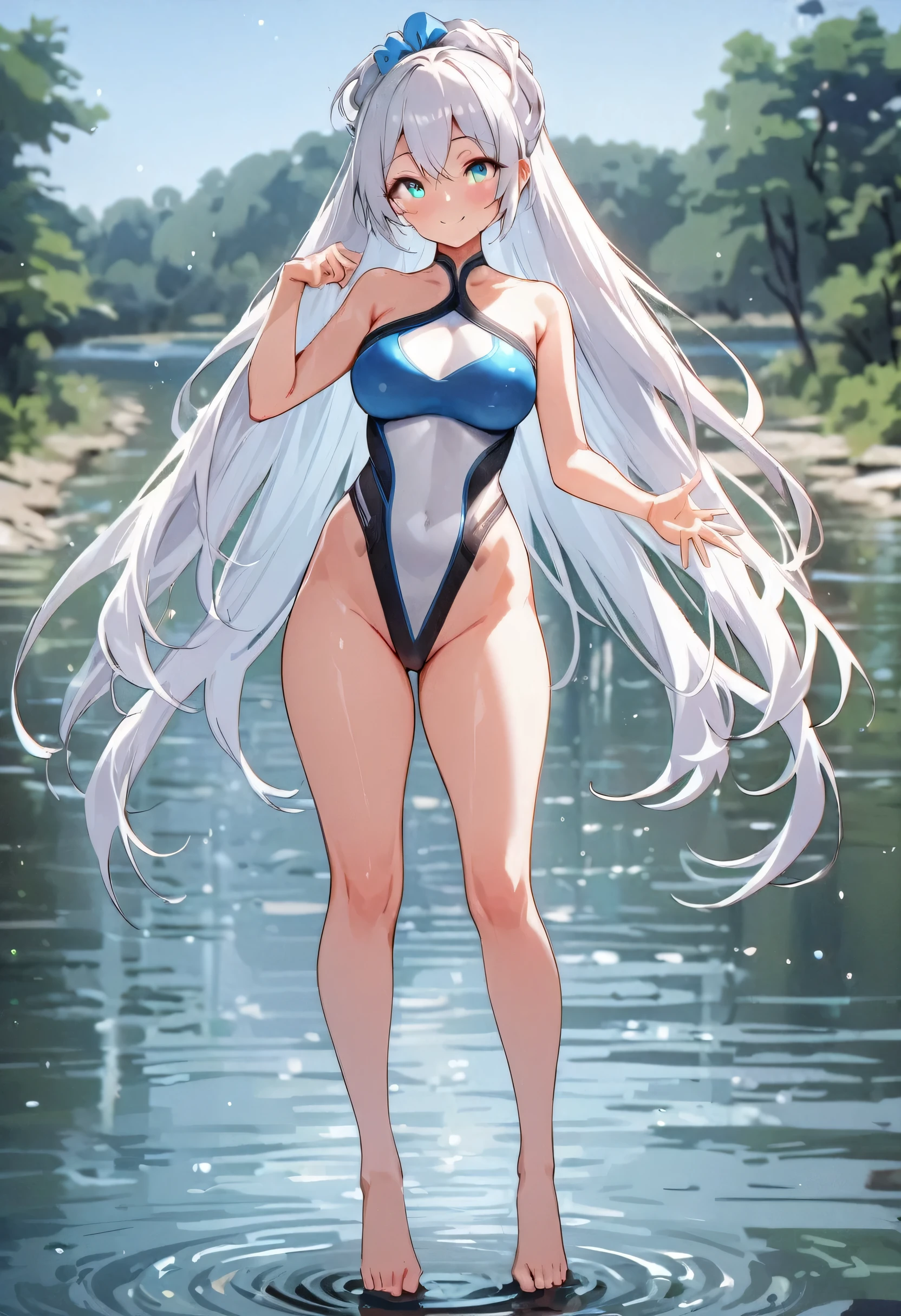 masterpiece、Mastepiece、girl、Random hairstyle、Clear eyes、Smiling at the audience、Perfect proportions、full body shot、Random Swimsuit、Sexy pose、The background is a river