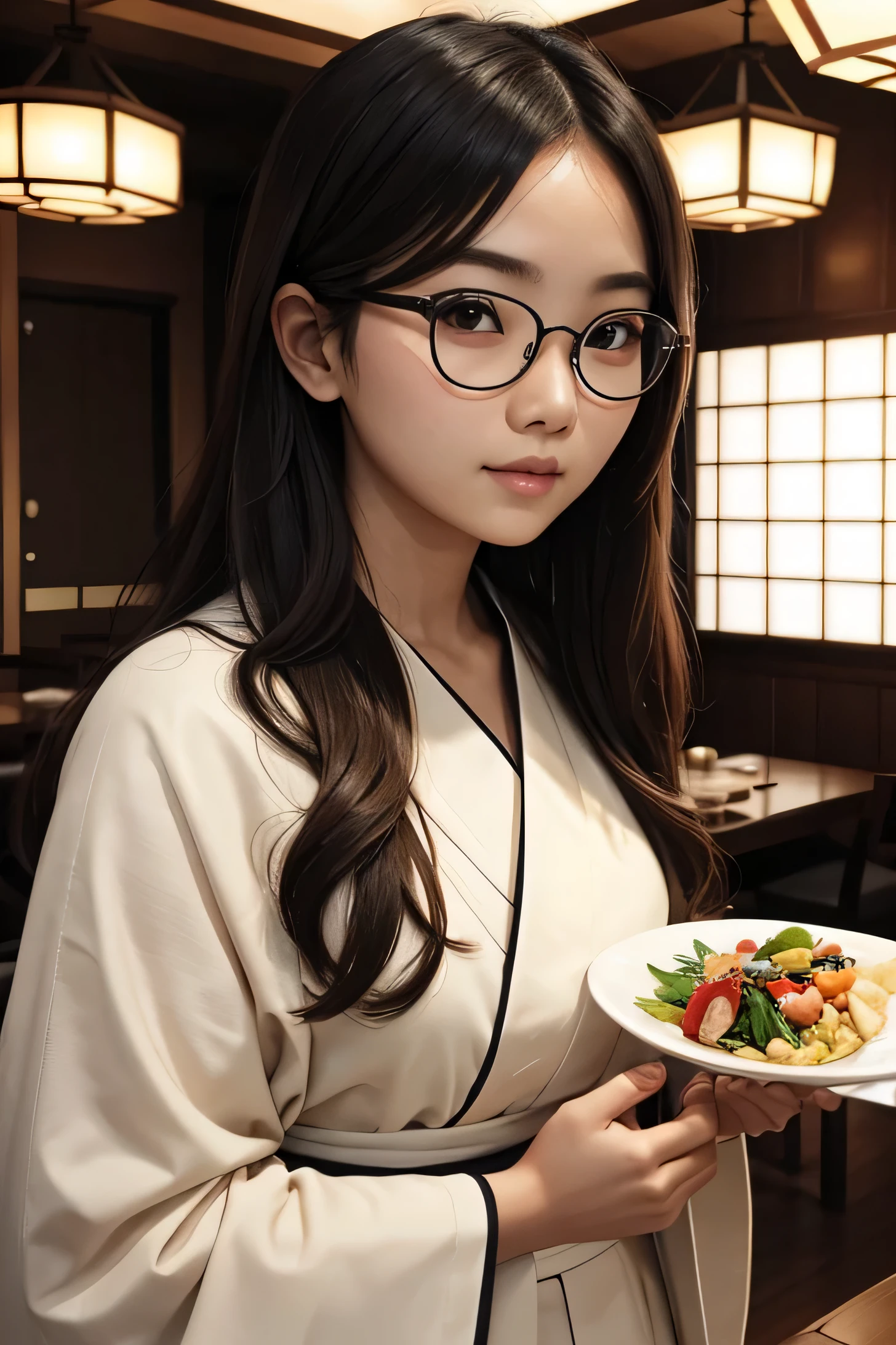 detailed face of half body photo. 25 year old Indonesian girl with a sweet face, big round face and long brown wavy hair, round glasses, wearing a white kimono in a modern style while eating at a luxurious Japanese-style restaurant